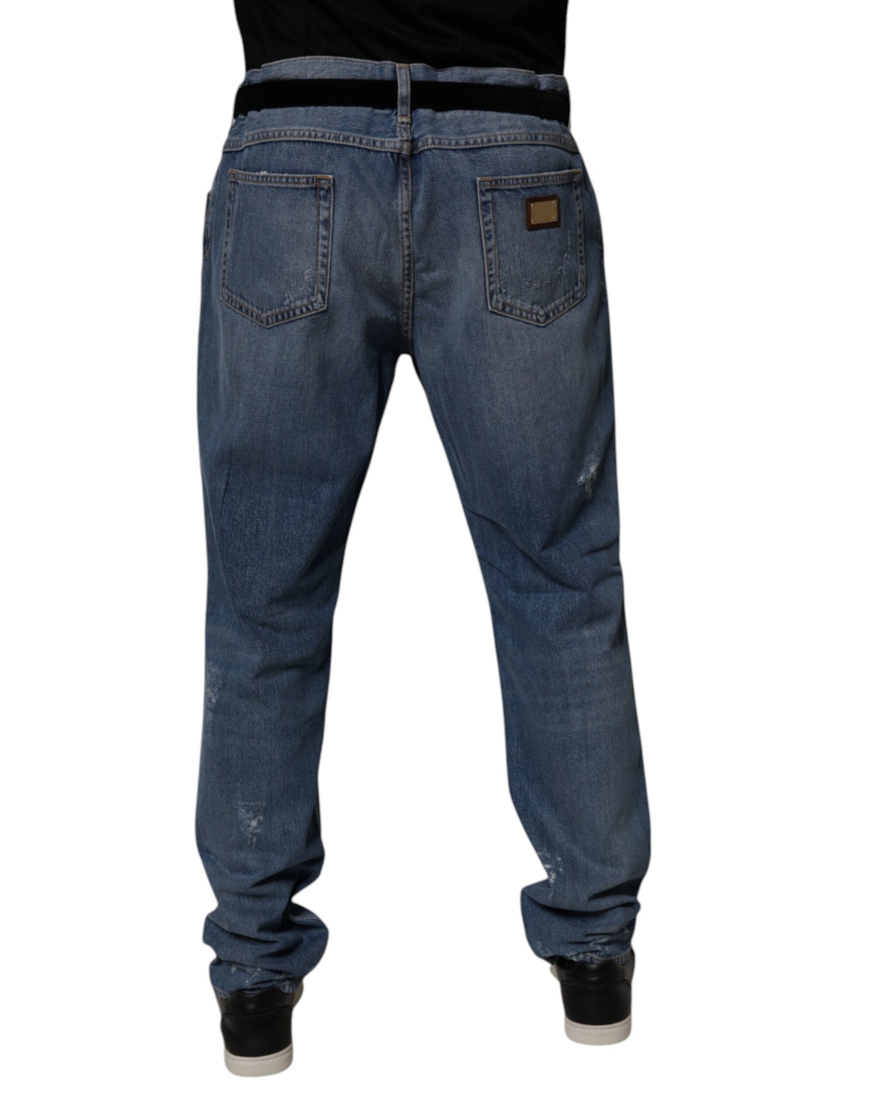 Dolce & Gabbana Blue Tattered Cotton Straight Denim Jeans | Regal Royce