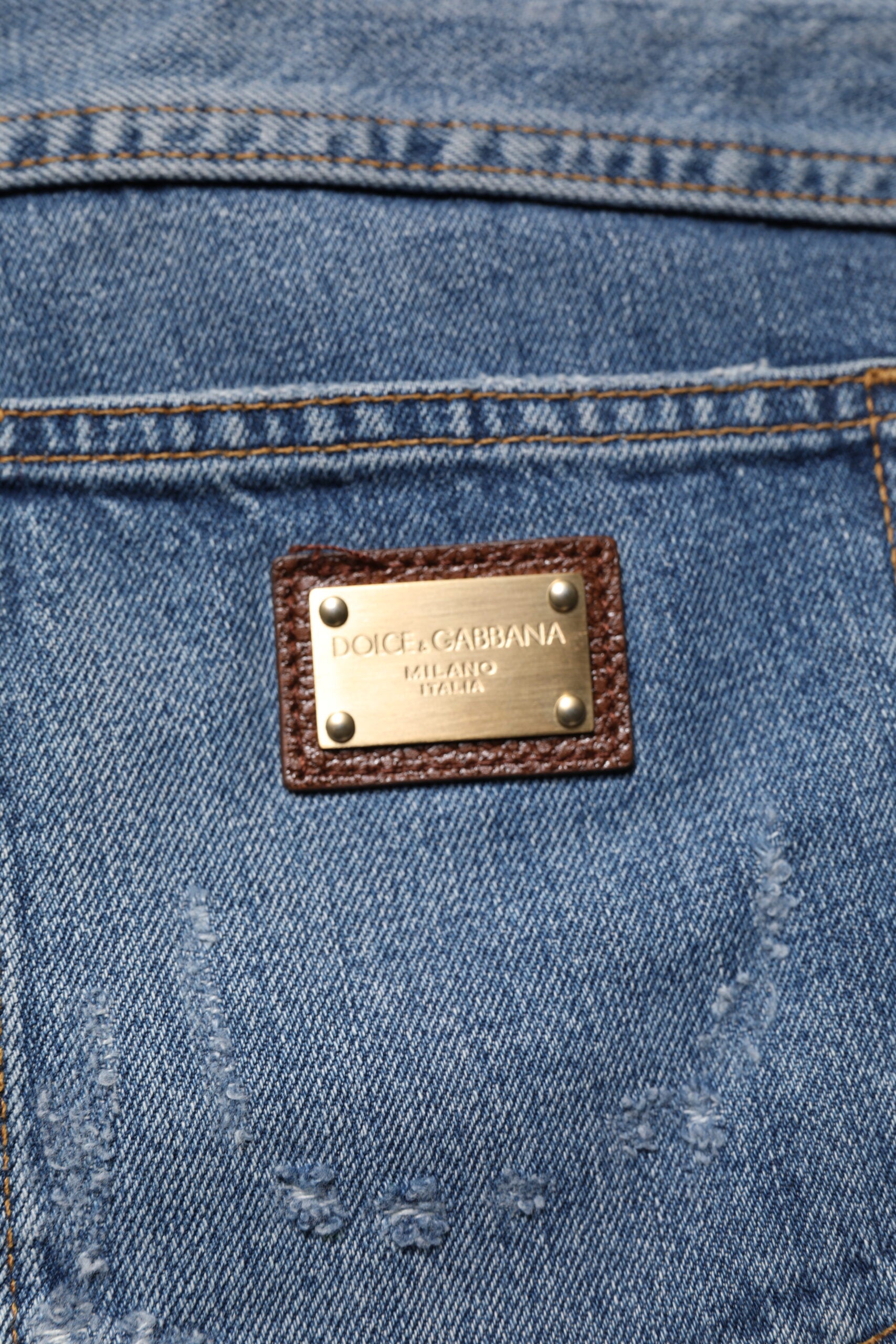 Dolce & Gabbana Blue Tattered Cotton Straight Denim Jeans | Regal Royce