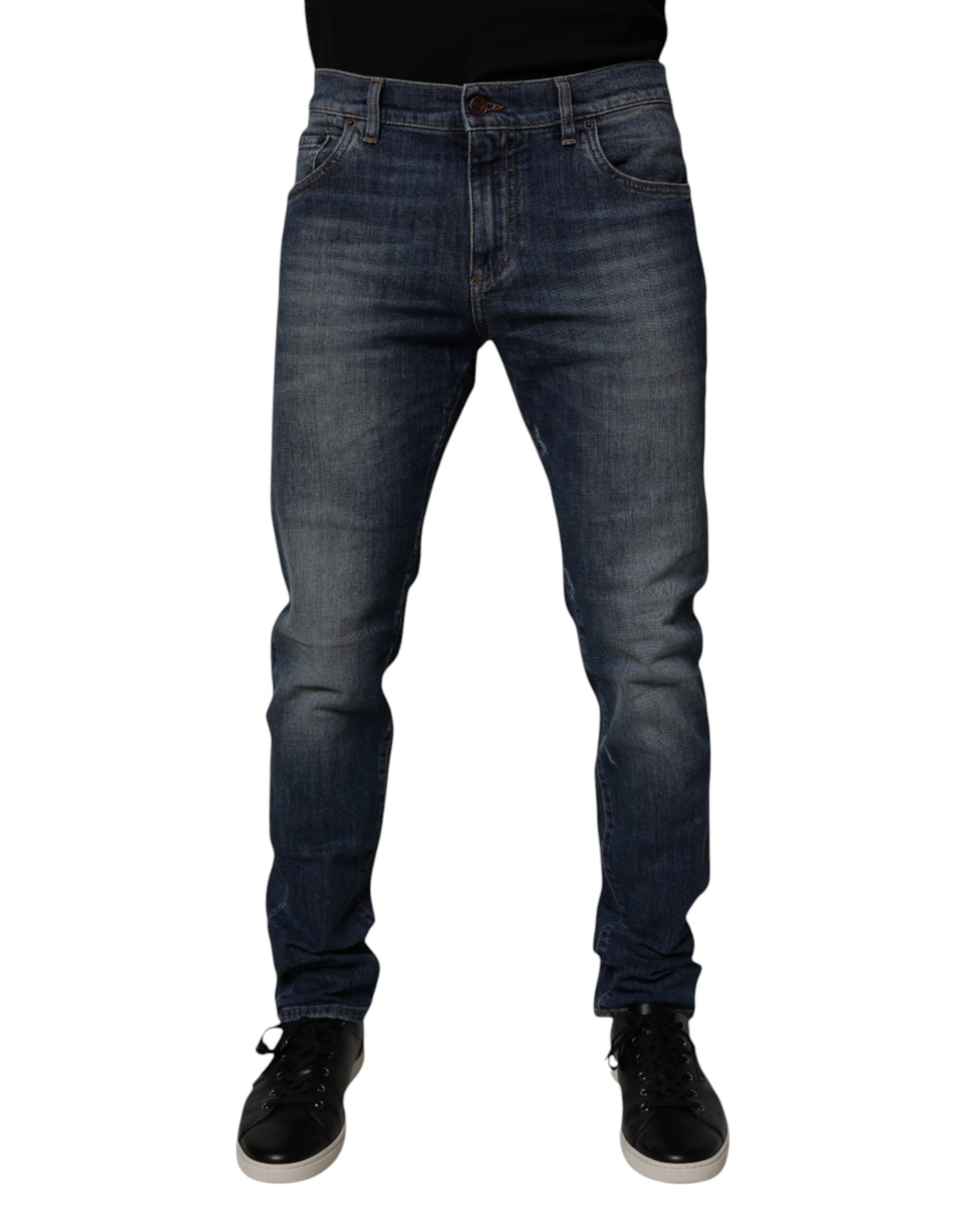 Dolce & Gabbana Dark Blue Cotton Leather Skinny Denim Jeans | Regal Royce