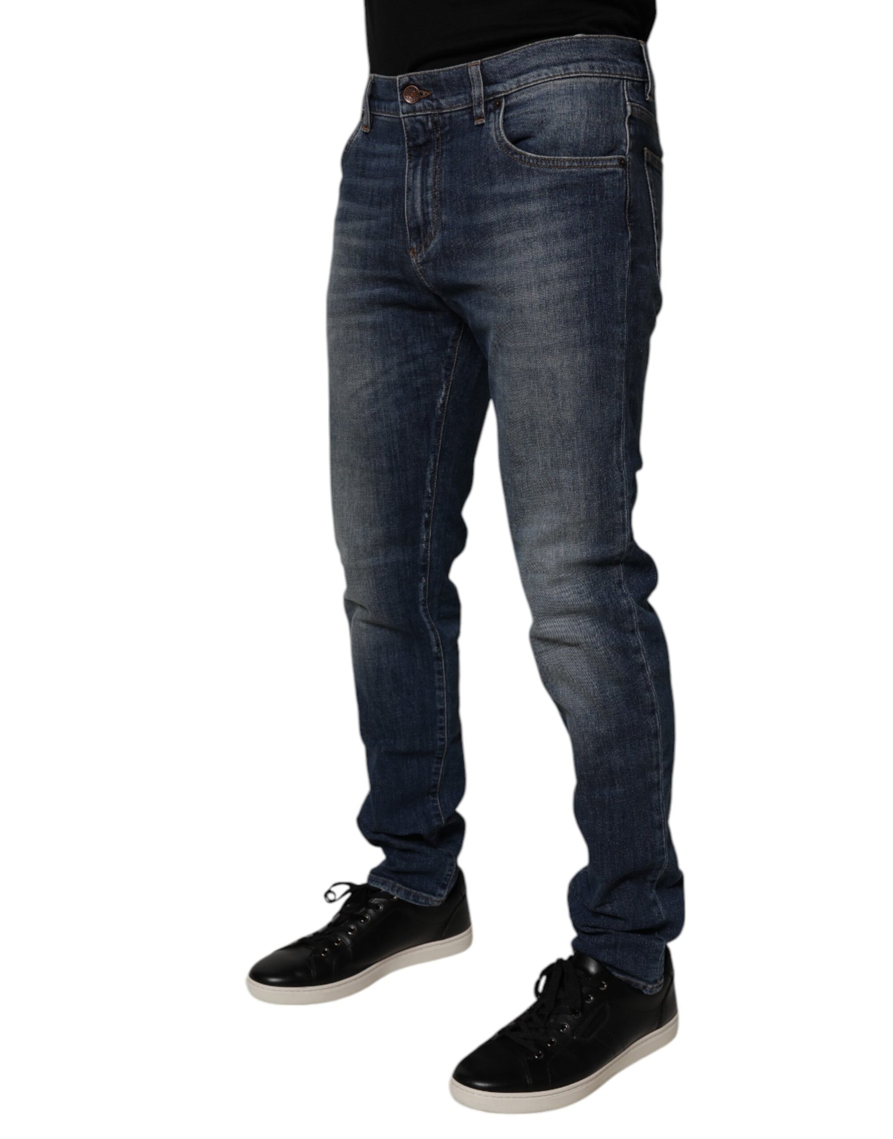 Dolce & Gabbana Dark Blue Cotton Leather Skinny Denim Jeans | Regal Royce