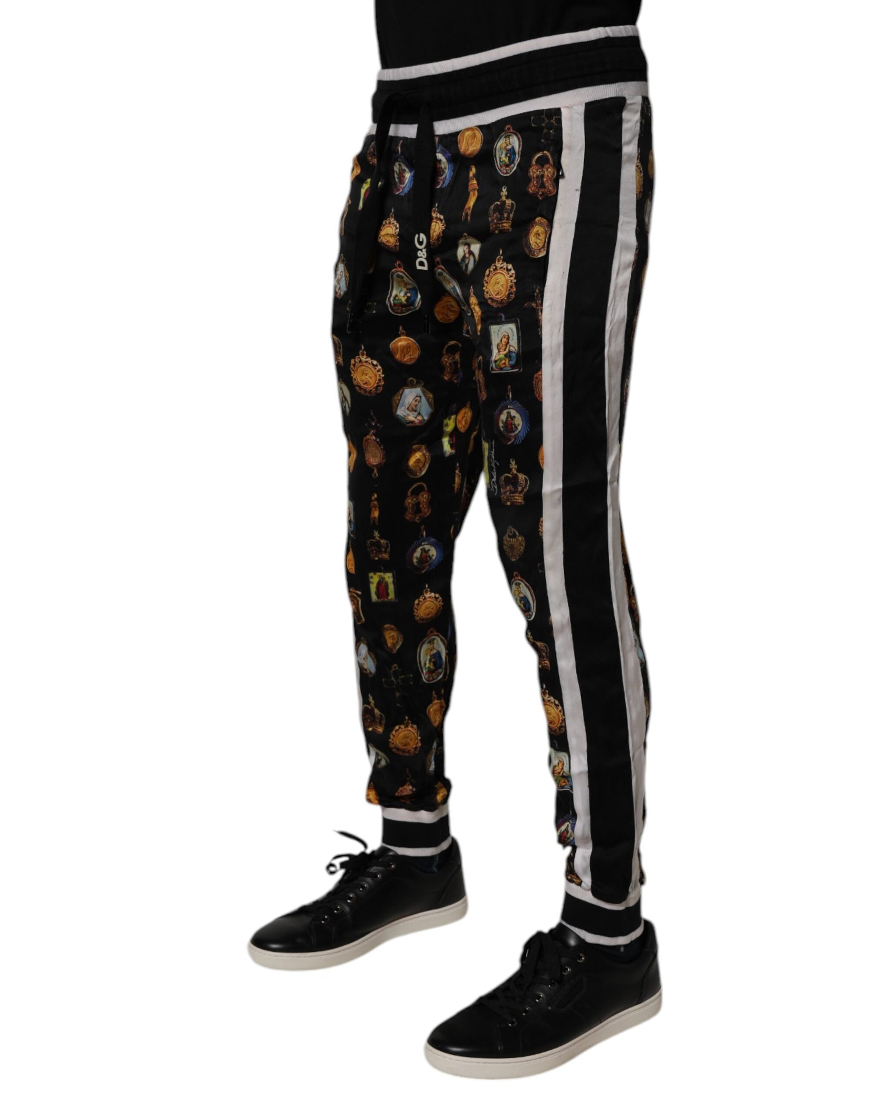 Dolce & Gabbana Black Religious Print Silk Men Jogger Pants | Regal Royce
