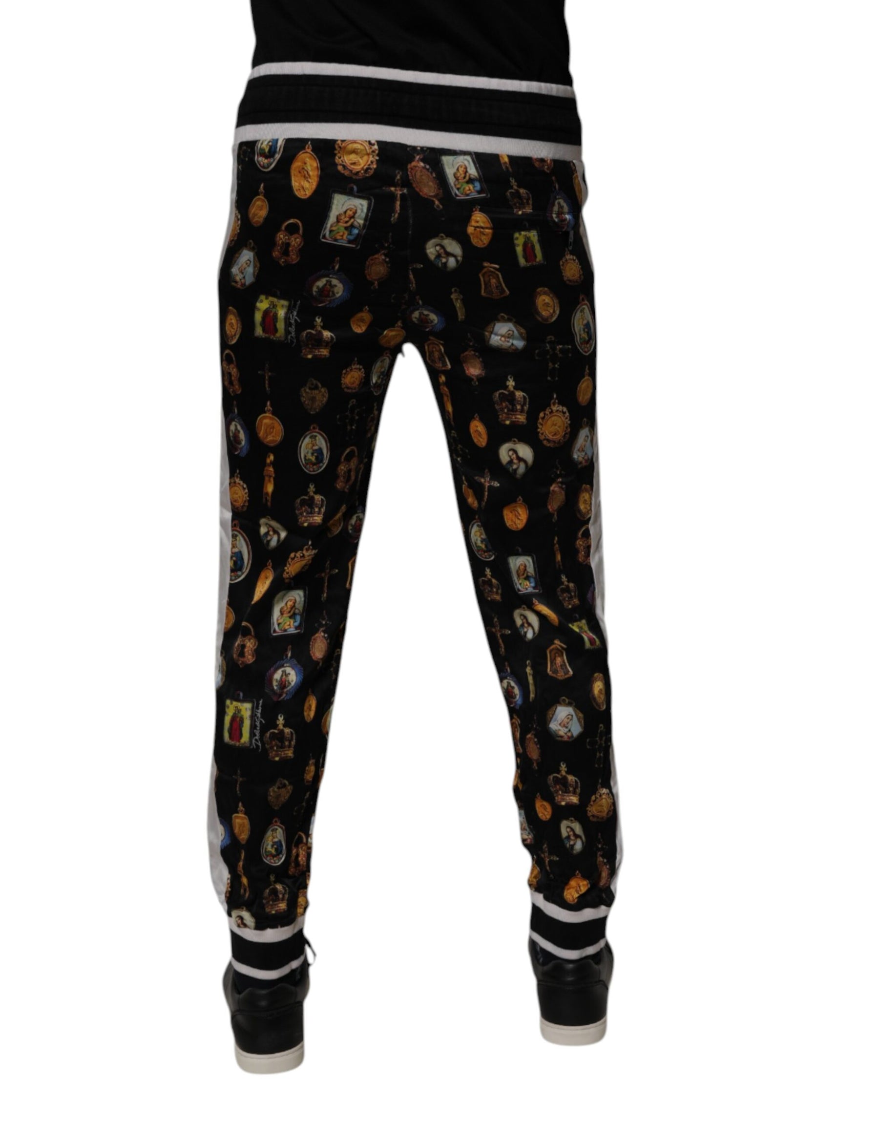 Dolce & Gabbana Black Religious Print Silk Men Jogger Pants | Regal Royce