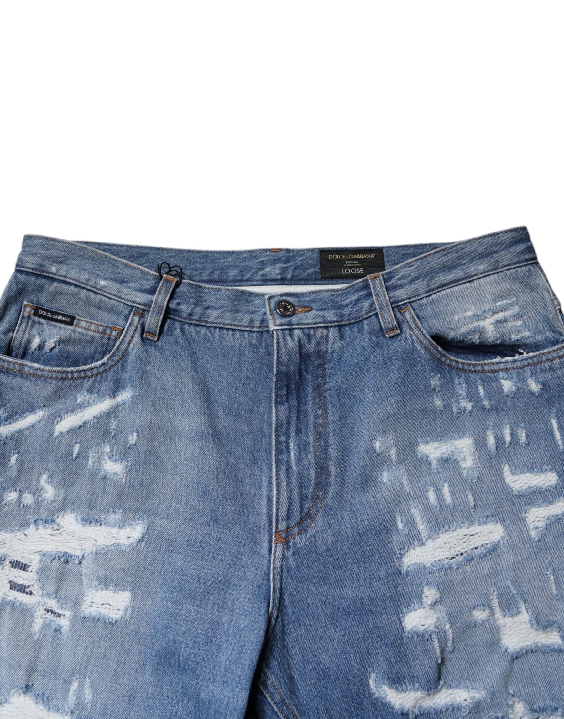 Dolce & Gabbana Blue Tattered Straight Cotton Denim Jeans | Regal Royce