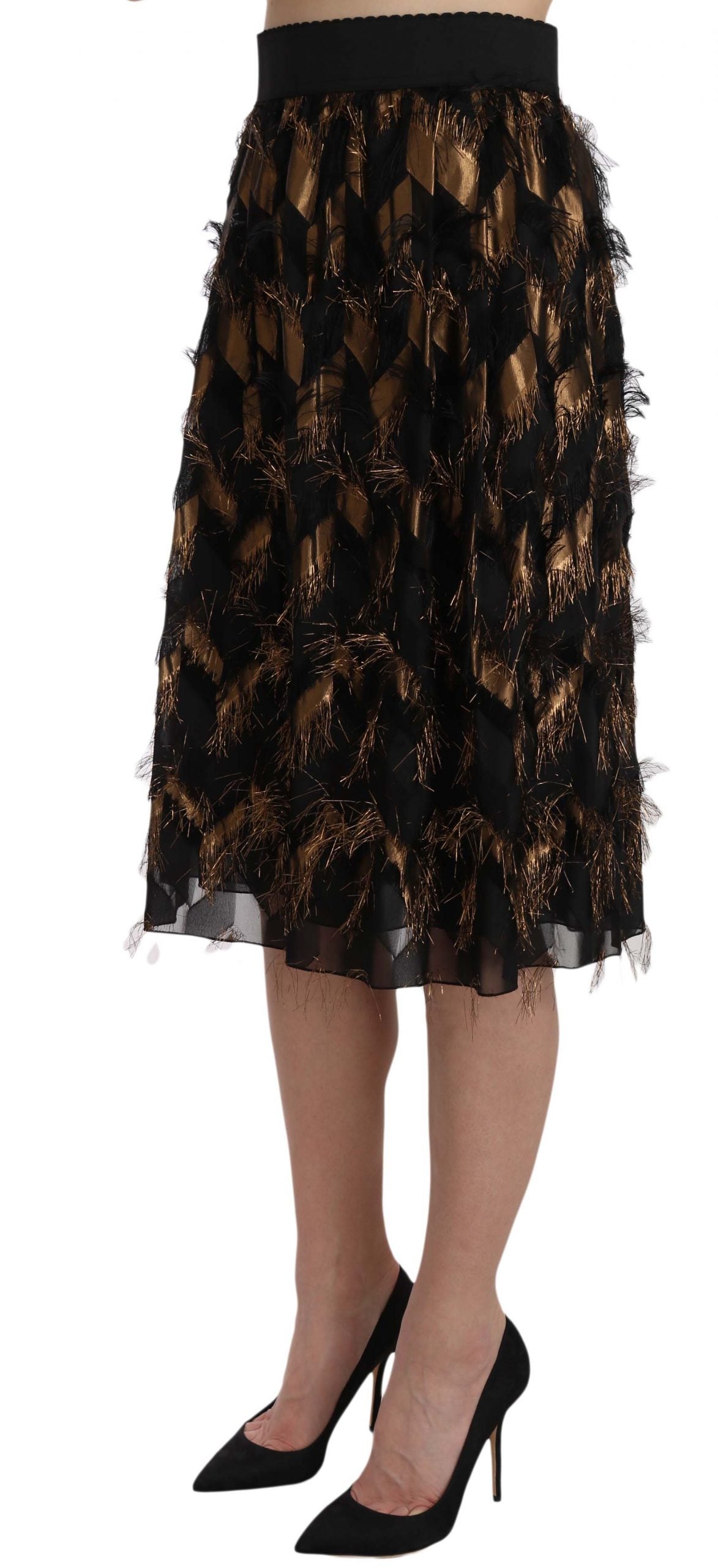 Dolce & Gabbana Black Gold Fringe Metallic Pencil A-line Skirt | Regal Royce