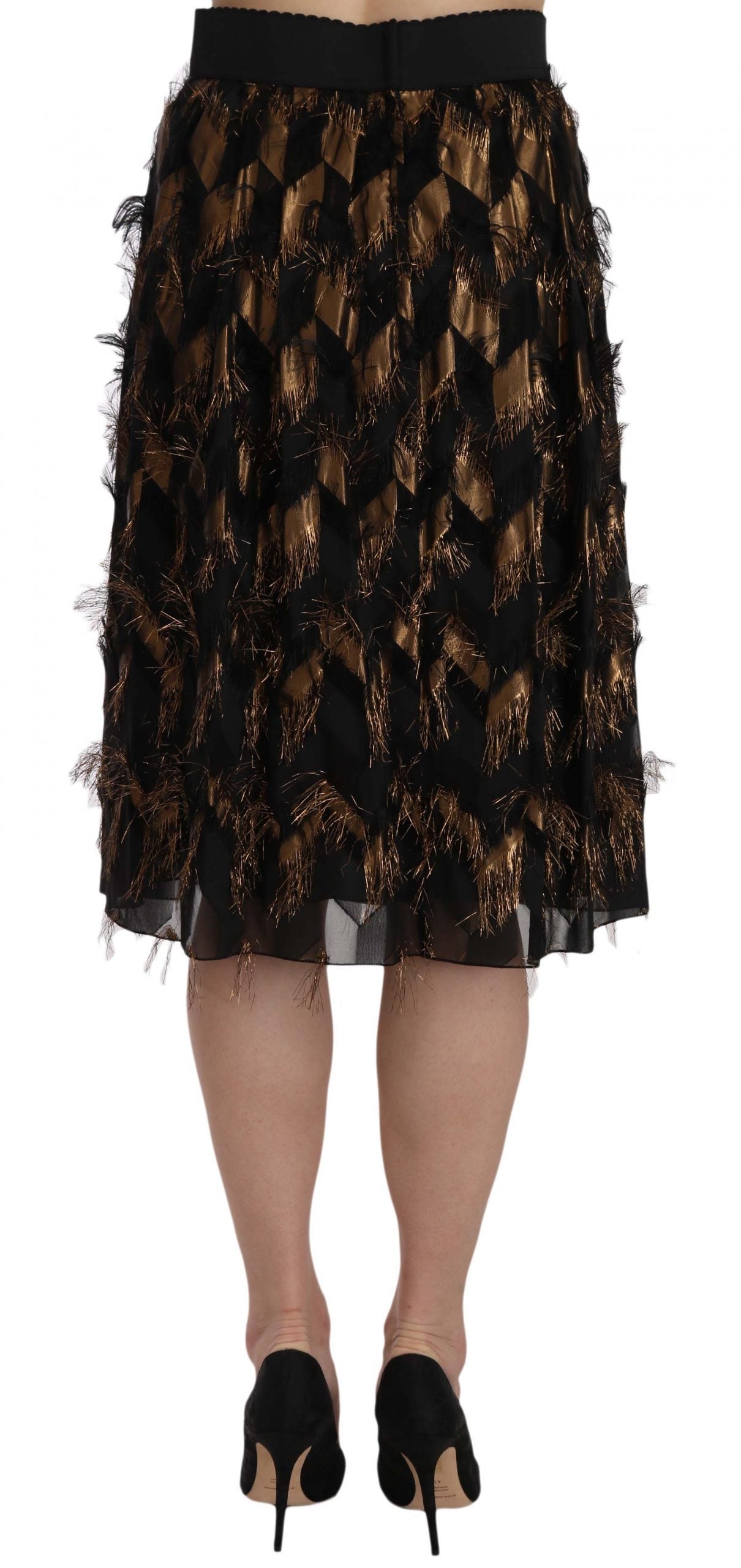 Dolce & Gabbana Black Gold Fringe Metallic Pencil A-line Skirt | Regal Royce
