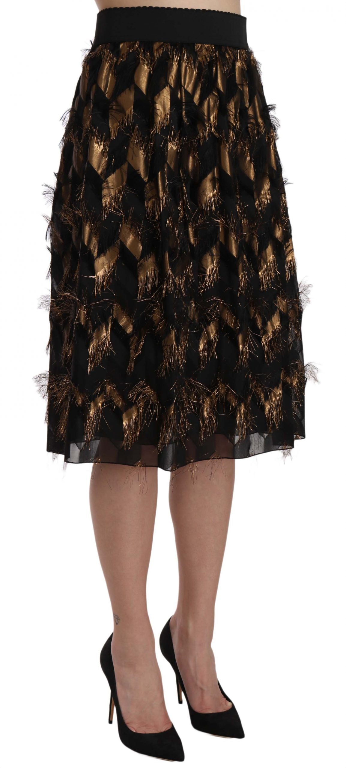 Dolce & Gabbana Black Gold Fringe Metallic Pencil A-line Skirt | Regal Royce