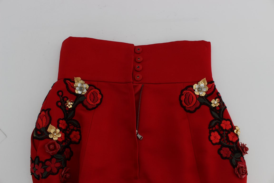 Dolce & Gabbana Red Silk Crystal Roses Shorts | Regal Royce
