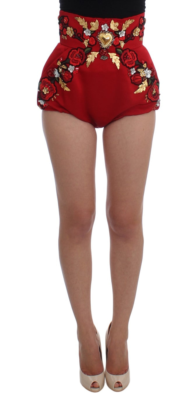 Dolce & Gabbana Red Silk Crystal Roses Shorts | Regal Royce
