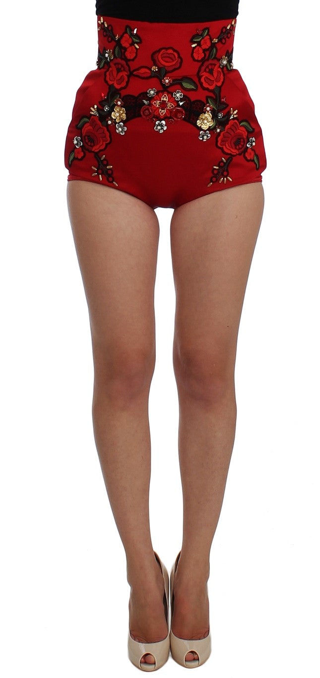 Dolce & Gabbana Red Silk Crystal Roses Shorts | Regal Royce