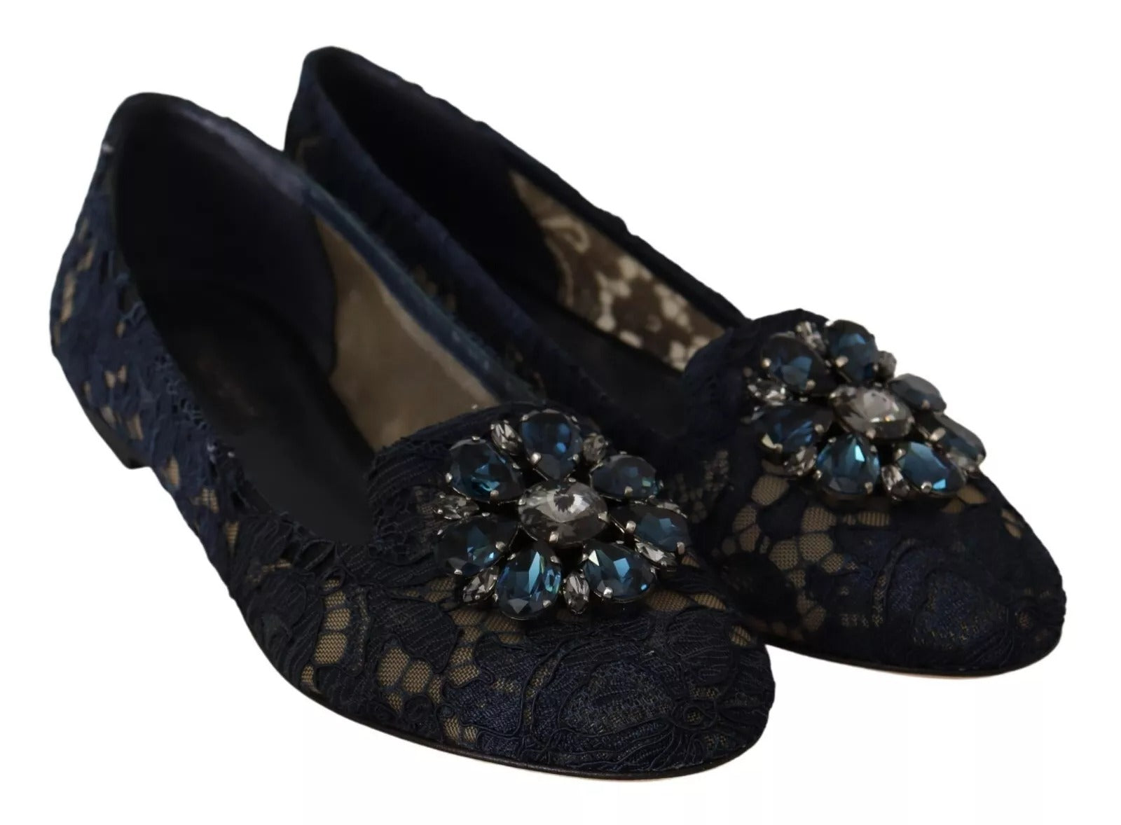 Dolce & Gabbana Blue Crystal Loafer Lace Ballet Flats Shoes | Regal Royce