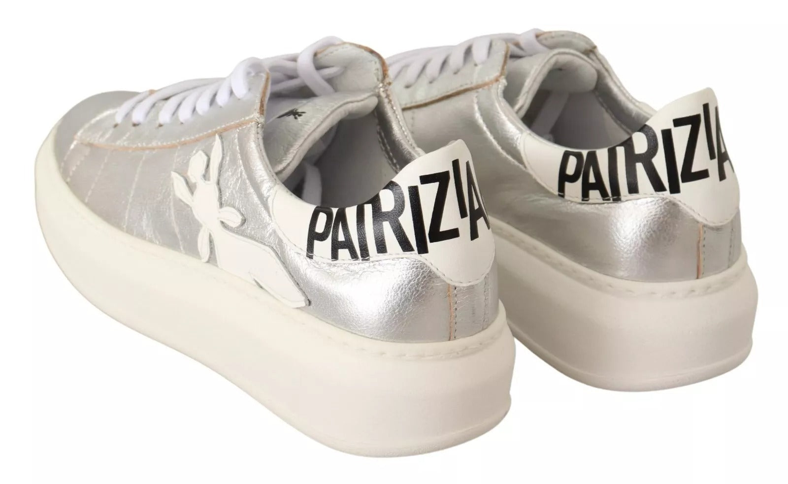 Patrizia Pepe Silver Full Grain Leather Lace Up Sneakers Shoes | Regal Royce