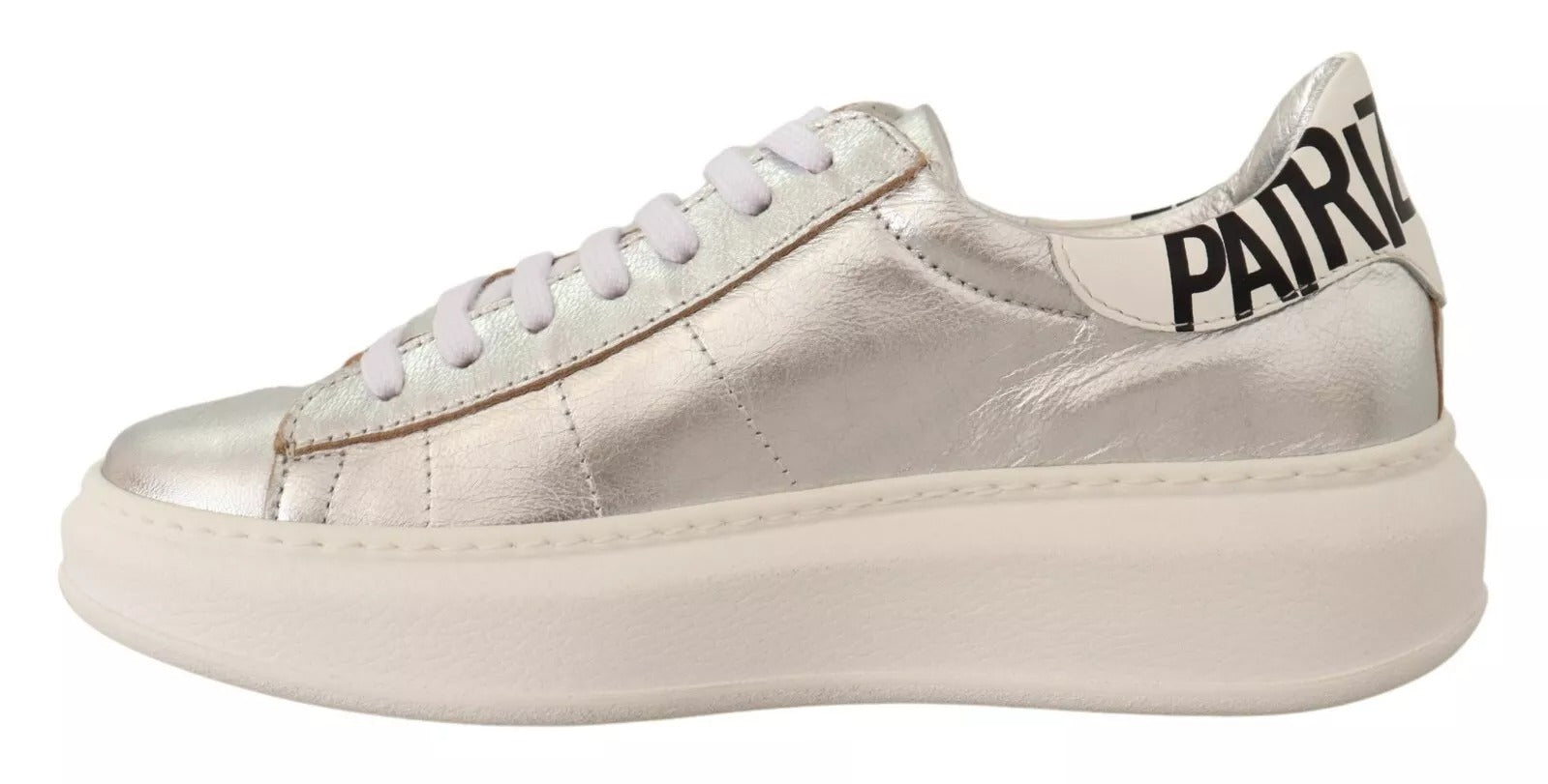 Patrizia Pepe Silver Full Grain Leather Lace Up Sneakers Shoes | Regal Royce