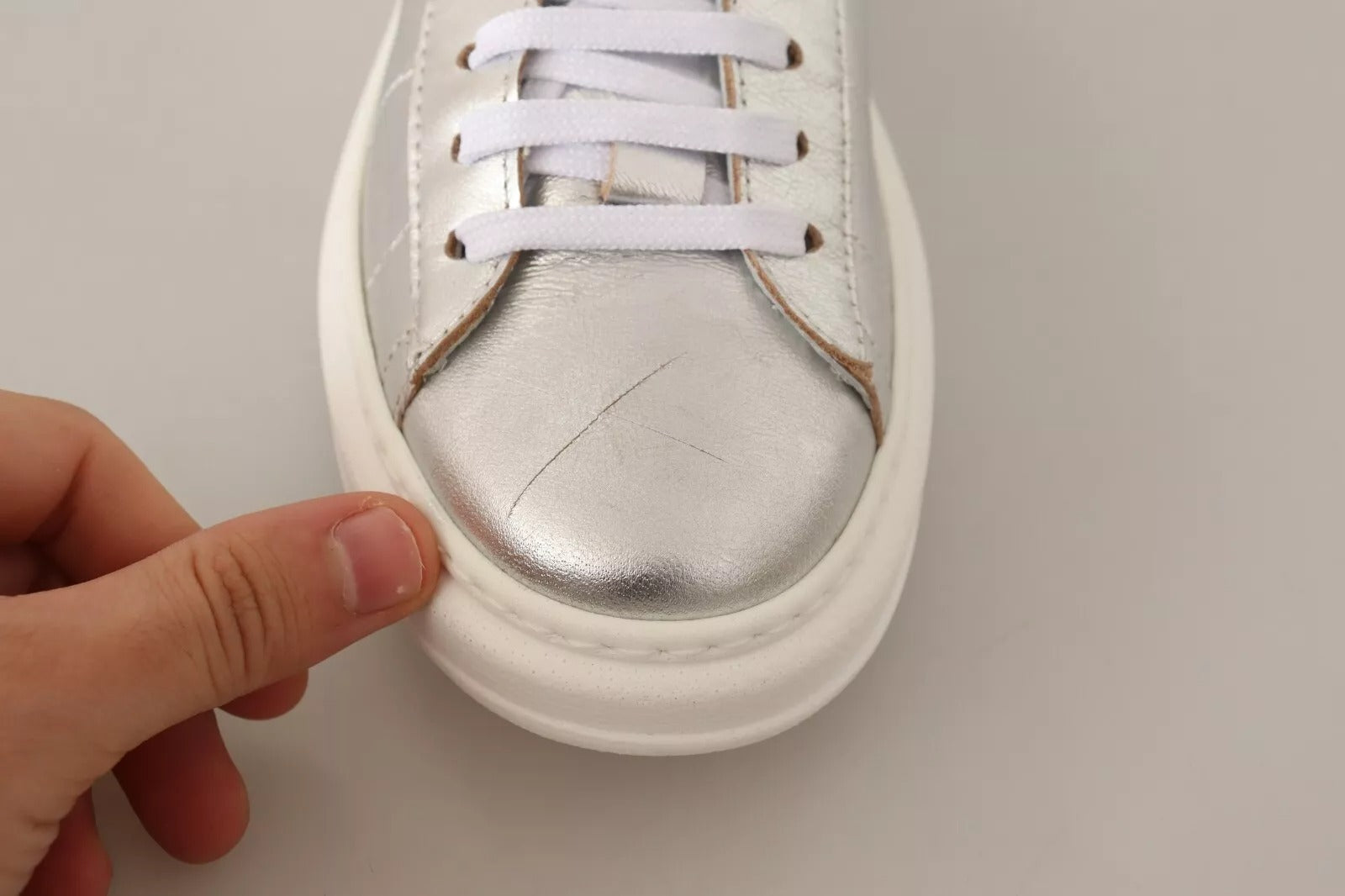 Patrizia Pepe Silver Full Grain Leather Lace Up Sneakers Shoes | Regal Royce