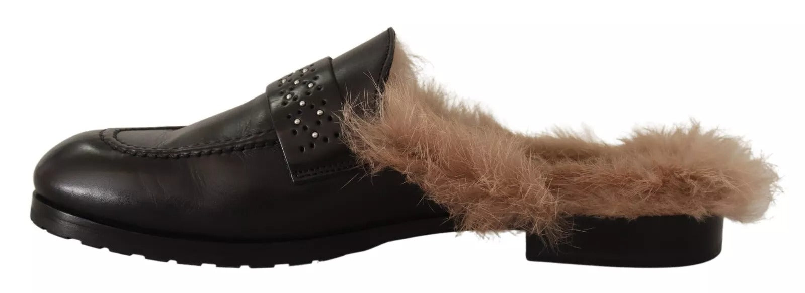 Peserico Black Leather Fur Perforated Slip On Flats Shoes | Regal Royce