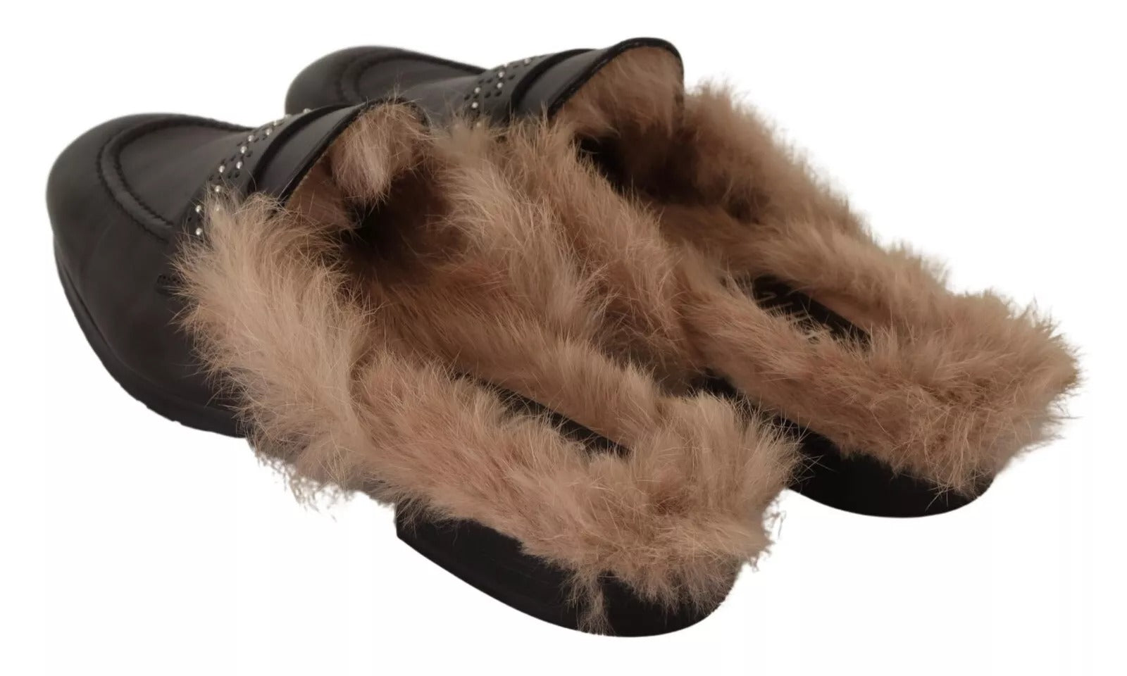 Peserico Black Leather Fur Perforated Slip On Flats Shoes | Regal Royce