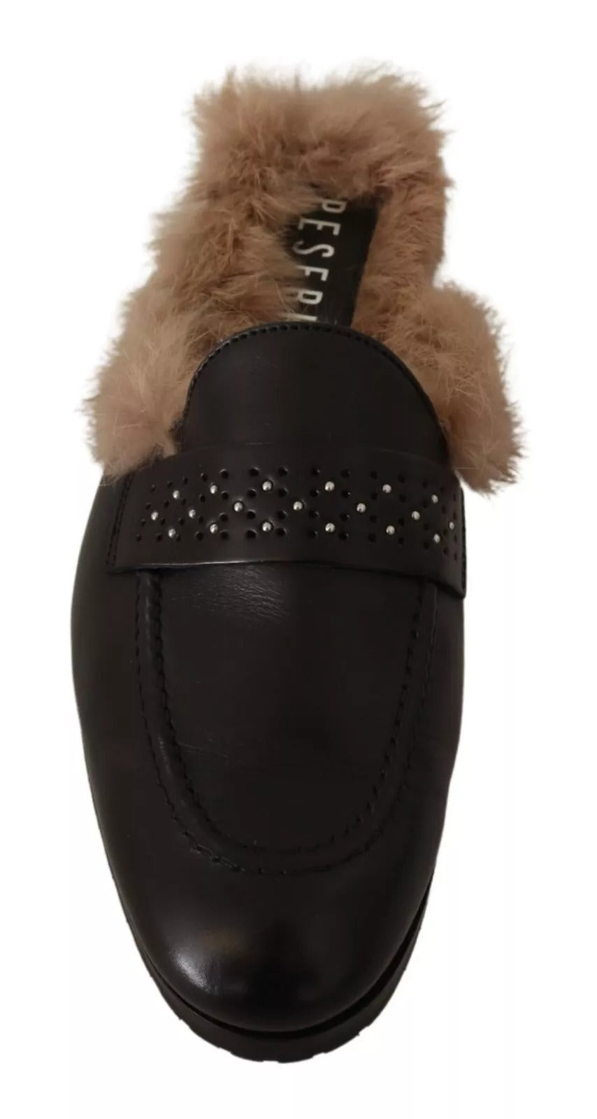 Peserico Black Leather Fur Perforated Slip On Flats Shoes | Regal Royce