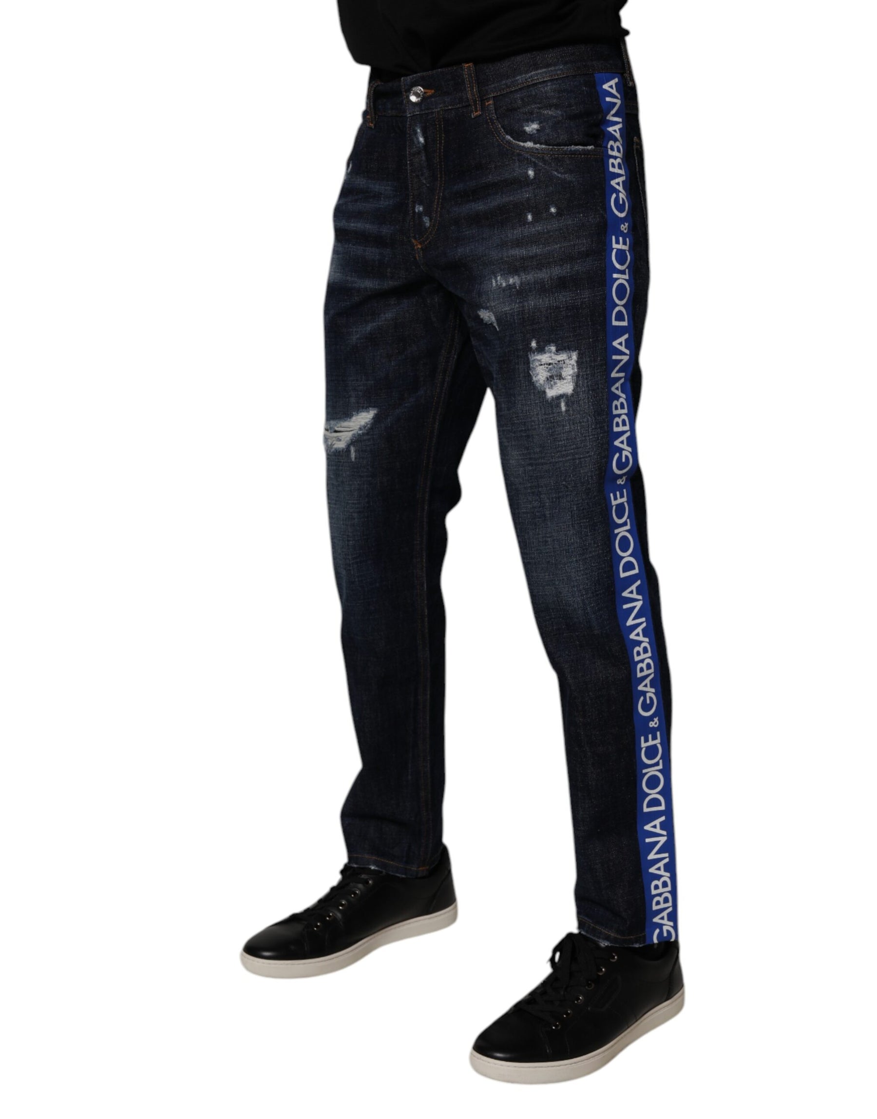 Dolce & Gabbana Dark Blue Cotton Tattered Skinny Denim Jeans | Regal Royce
