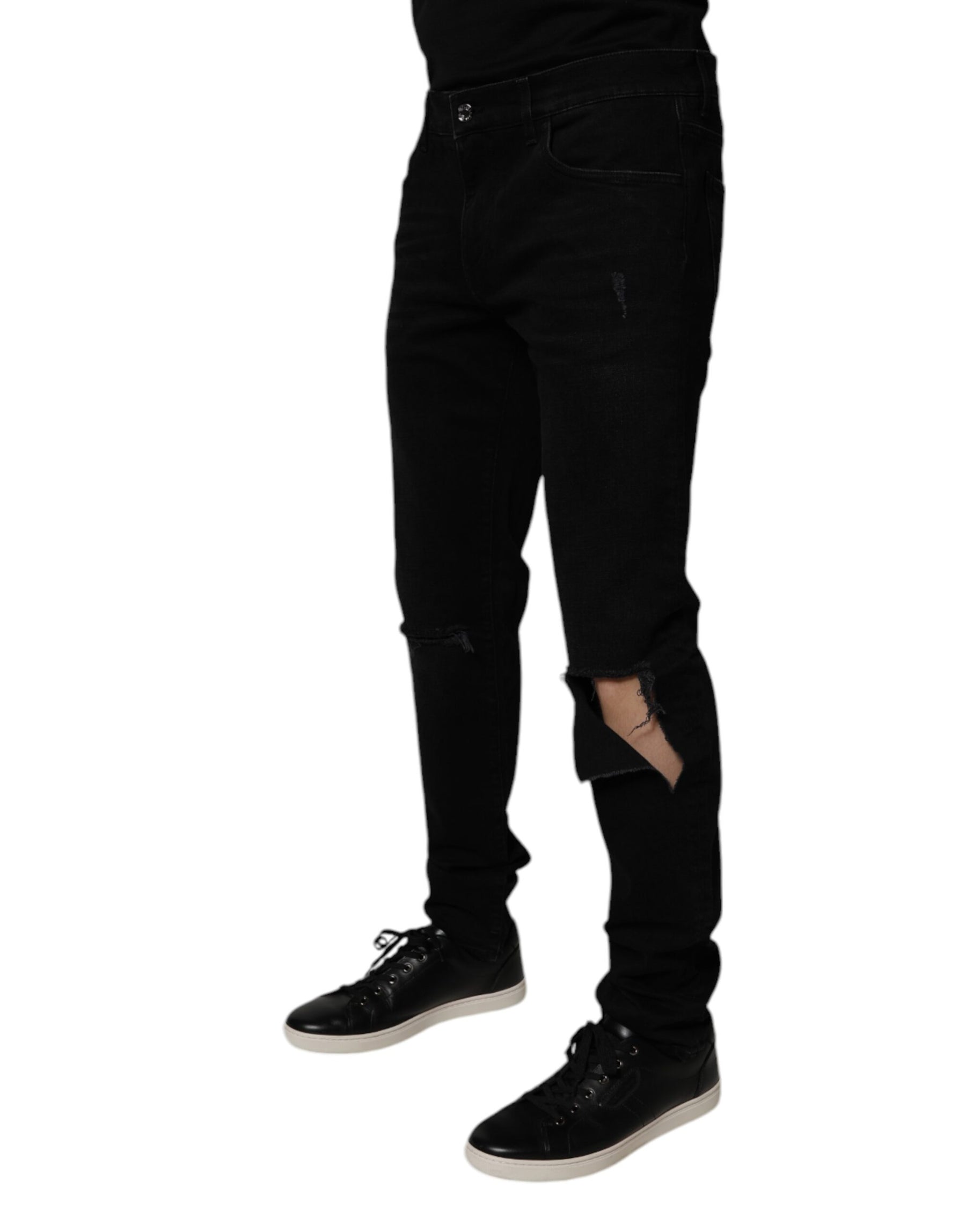 Dolce & Gabbana Black Cotton Tattered Skinny Men Denim Jeans | Regal Royce