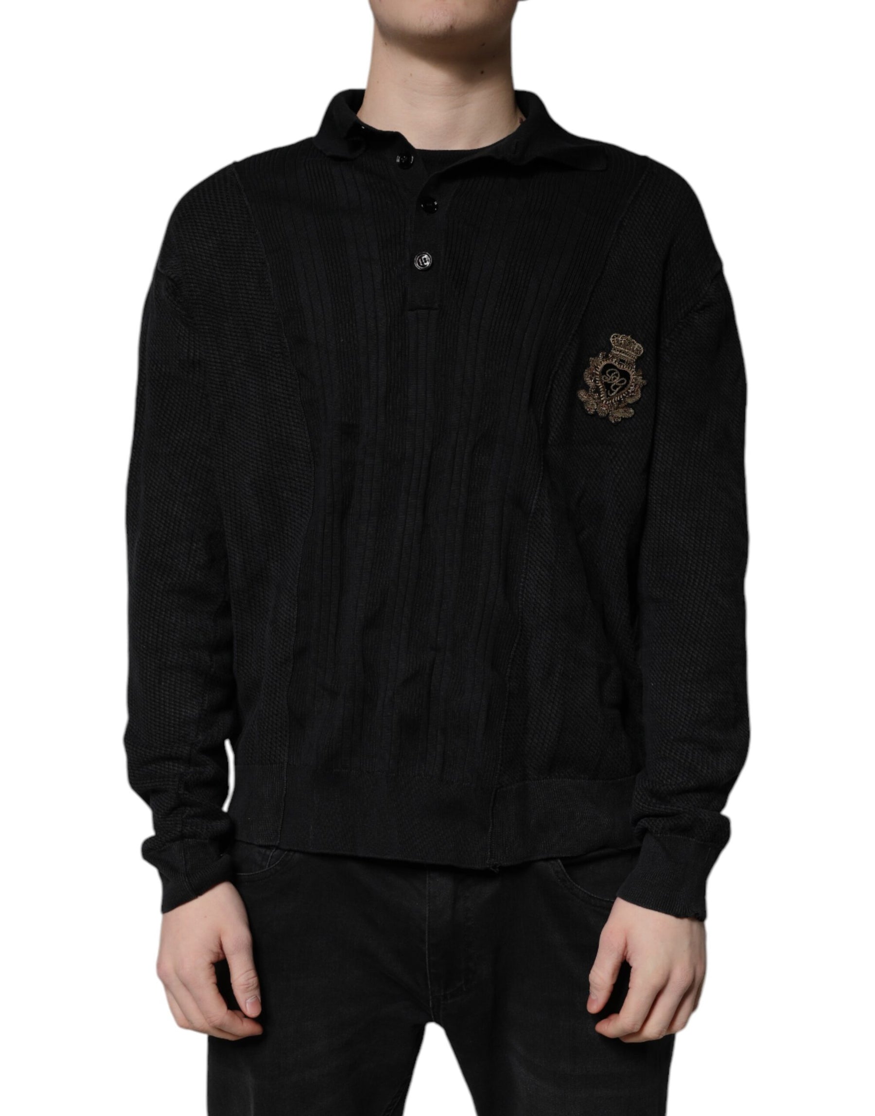 Dolce & Gabbana Black Heraldic Silk Buttoned Pullover Sweater | Regal Royce