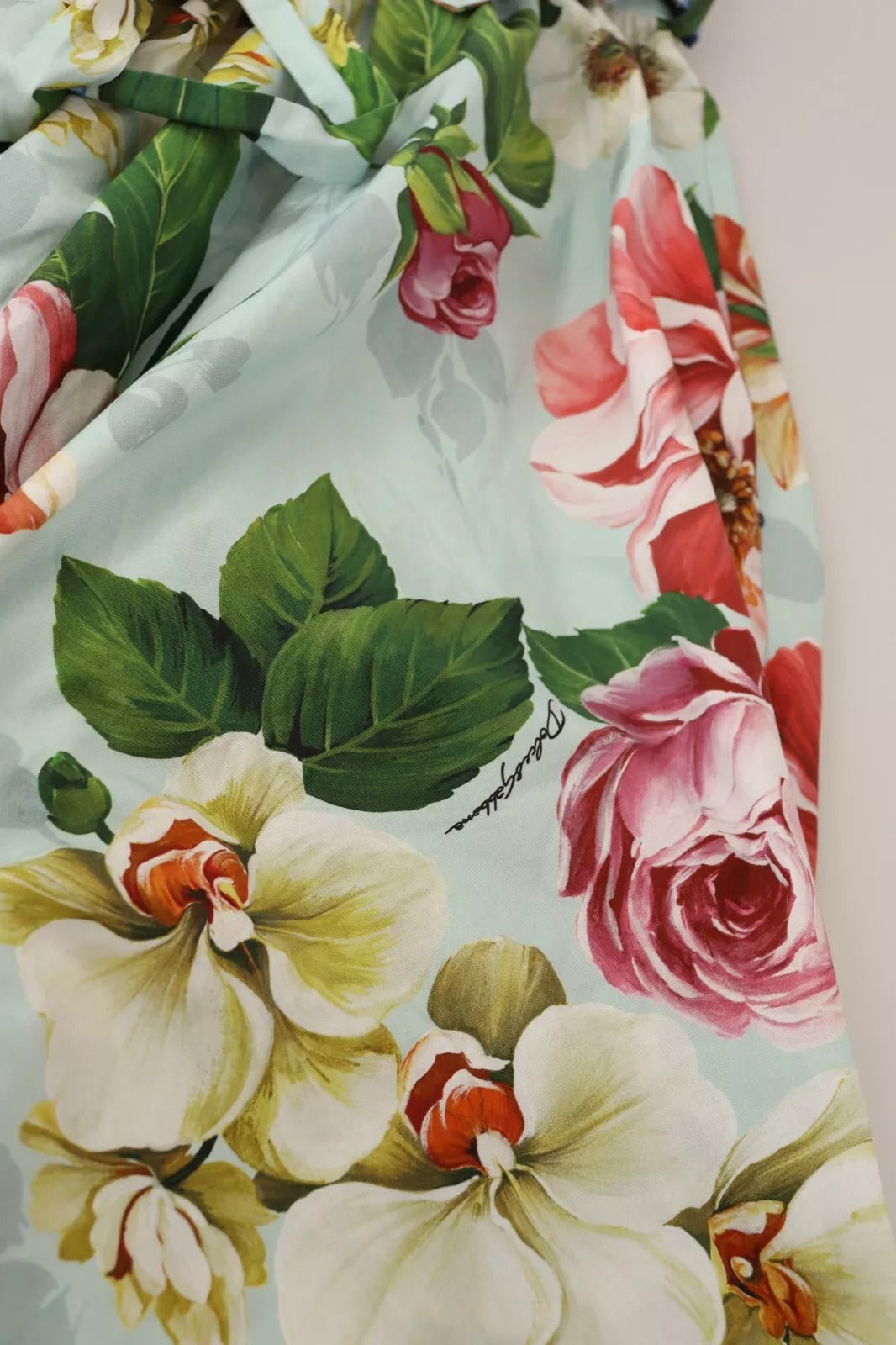 Dolce & Gabbana Green Floral Short Sleeves Cotton V-neck Dress | Regal Royce