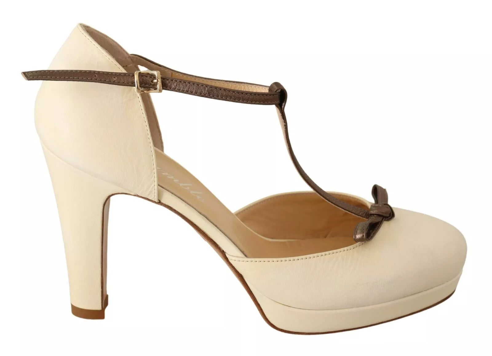 SERGIO LEVANTESI Beige T-Strap Block Heels Pumps Leather Shoes | Regal Royce