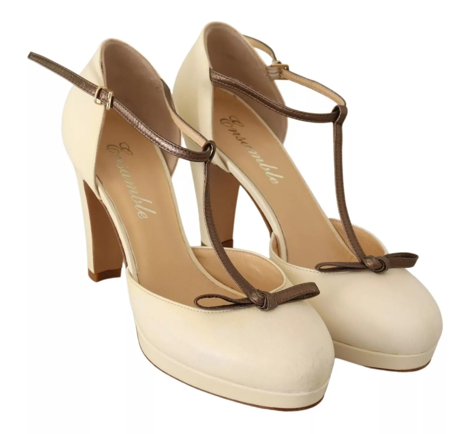 SERGIO LEVANTESI Beige T-Strap Block Heels Pumps Leather Shoes | Regal Royce