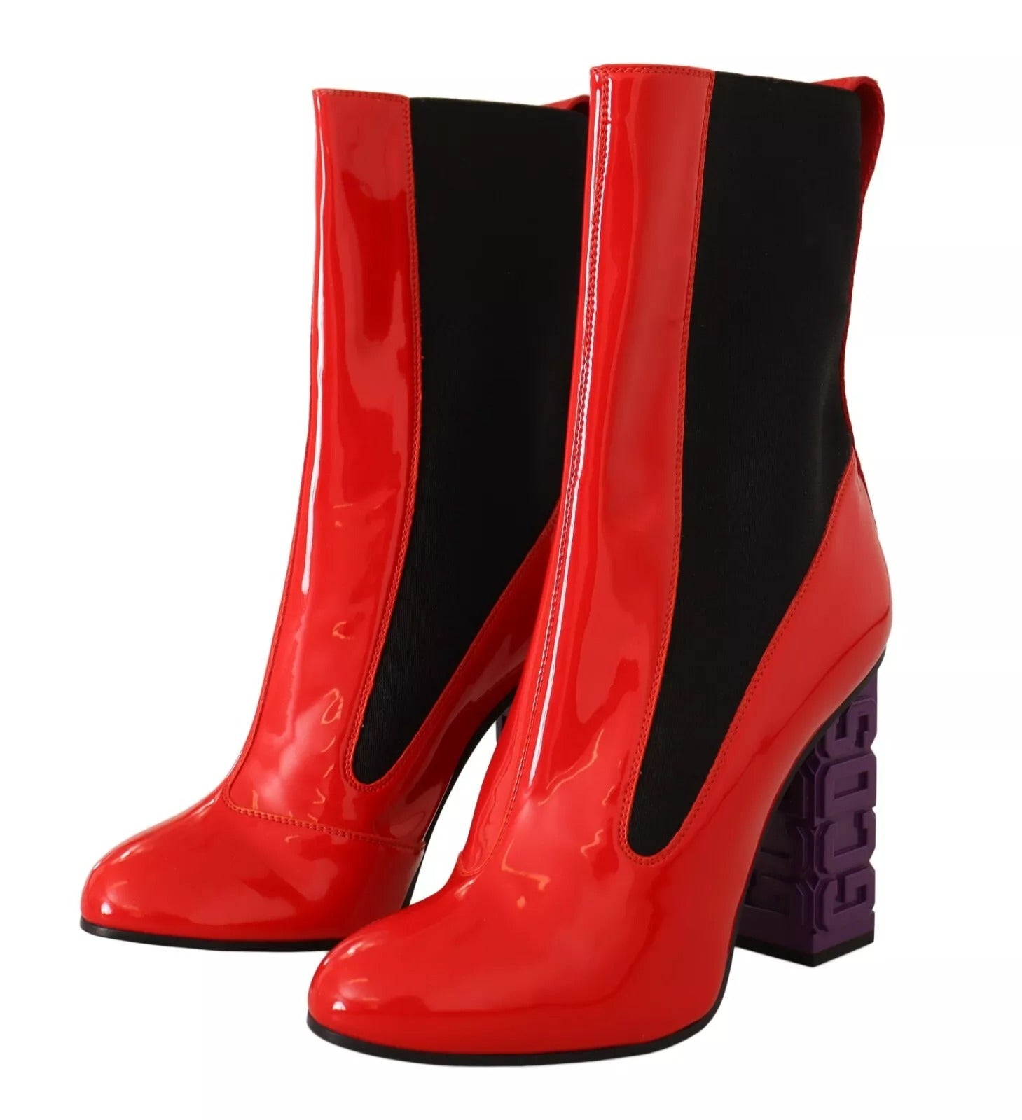 GCDS Red Leather Black Fabric Logo Heel Ankle Boots Shoes | Regal Royce