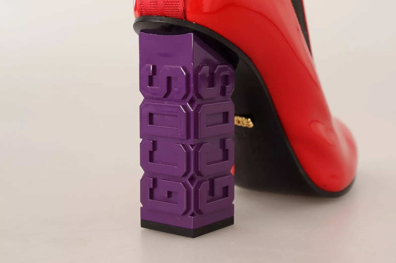 GCDS Red Leather Black Fabric Logo Heel Ankle Boots Shoes | Regal Royce