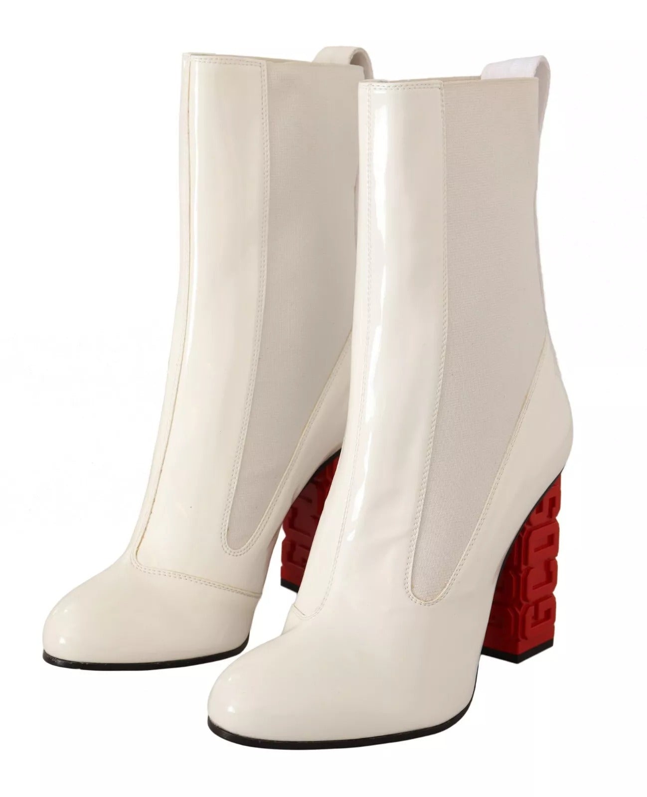 GCDS White Leather Fabric Red Logo Heel Ankle Boots Shoes | Regal Royce