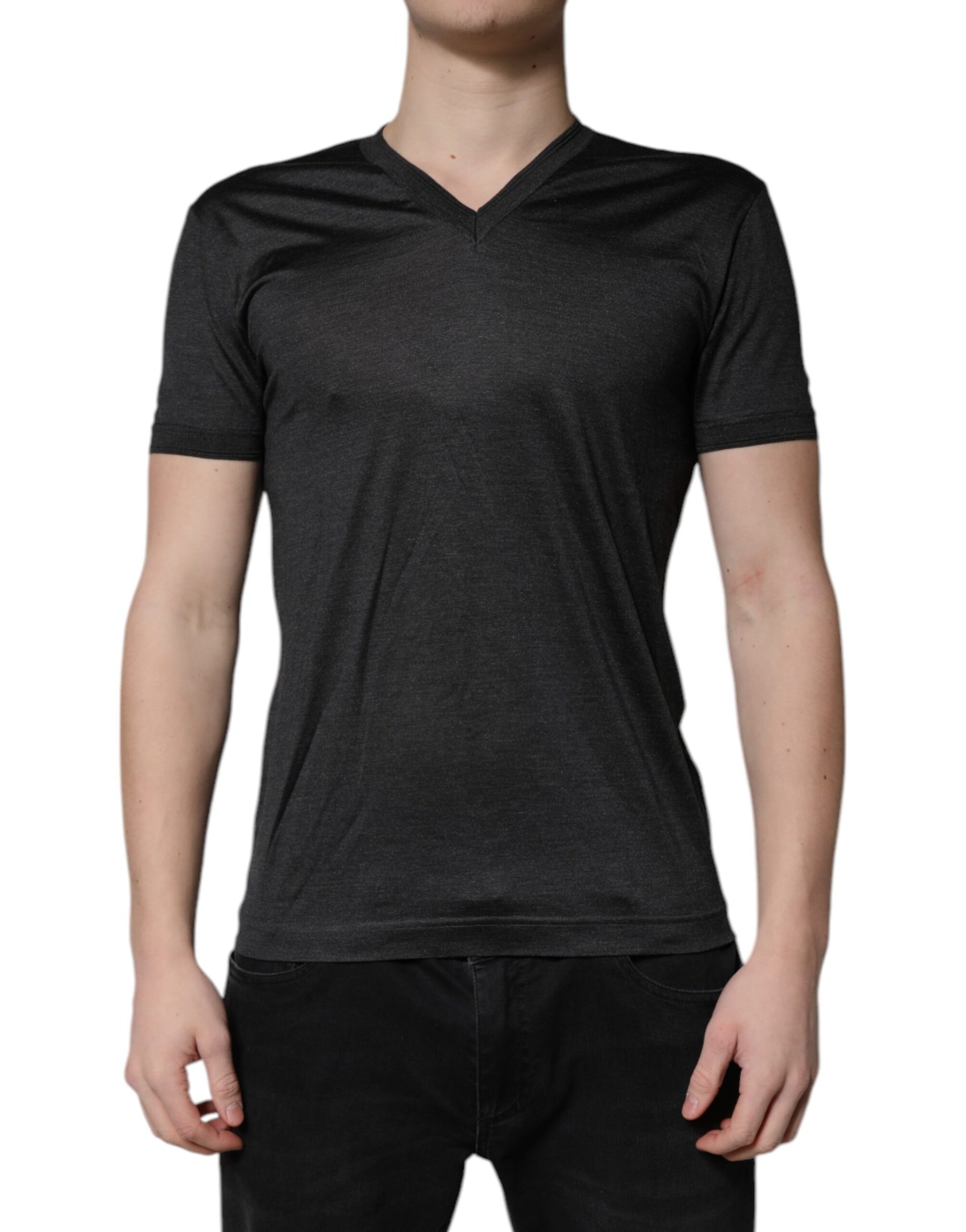 Dolce & Gabbana Dark Gray Silk V-neck Short Sleeves T-shirt | Regal Royce