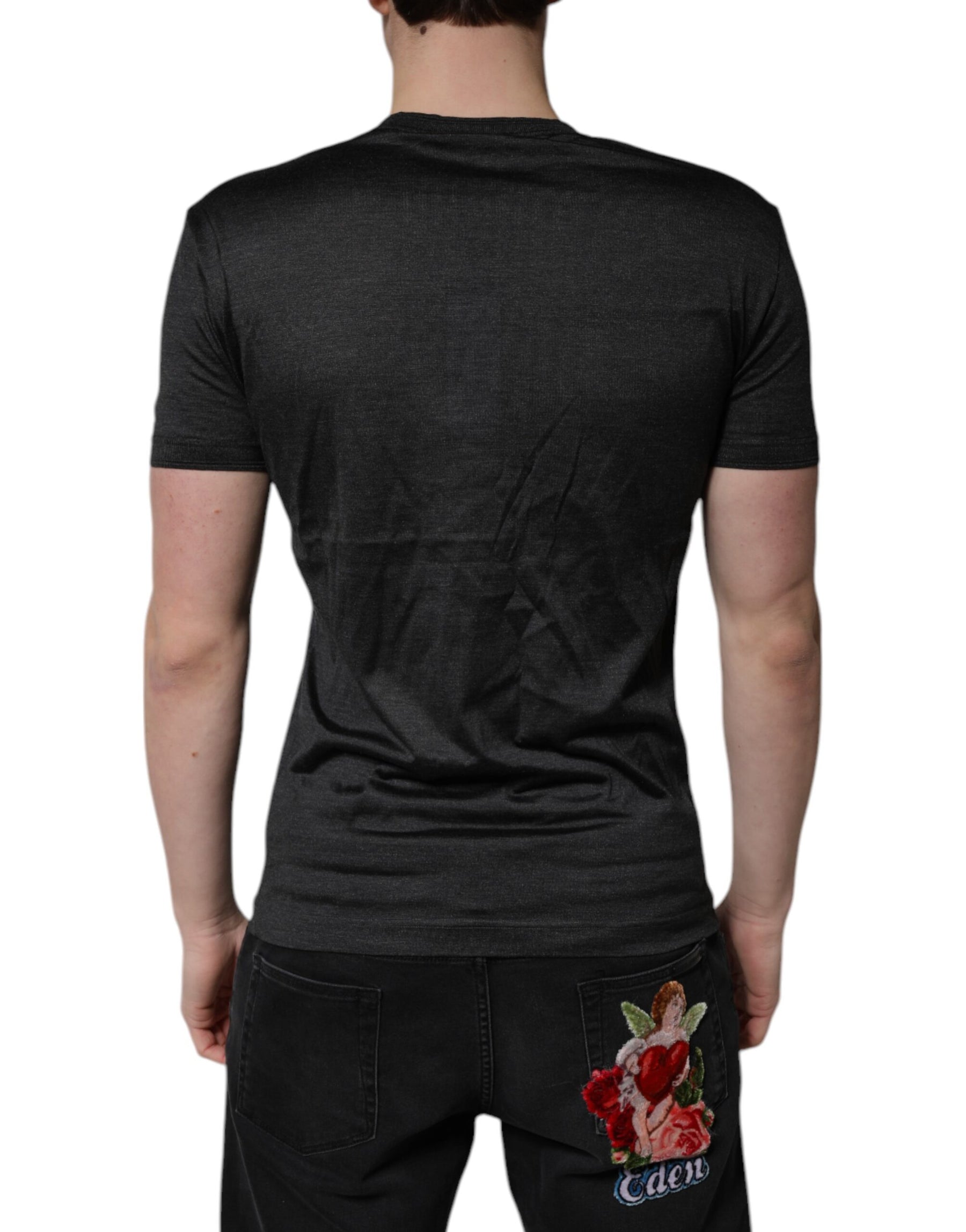 Dolce & Gabbana Dark Gray Silk V-neck Short Sleeves T-shirt | Regal Royce