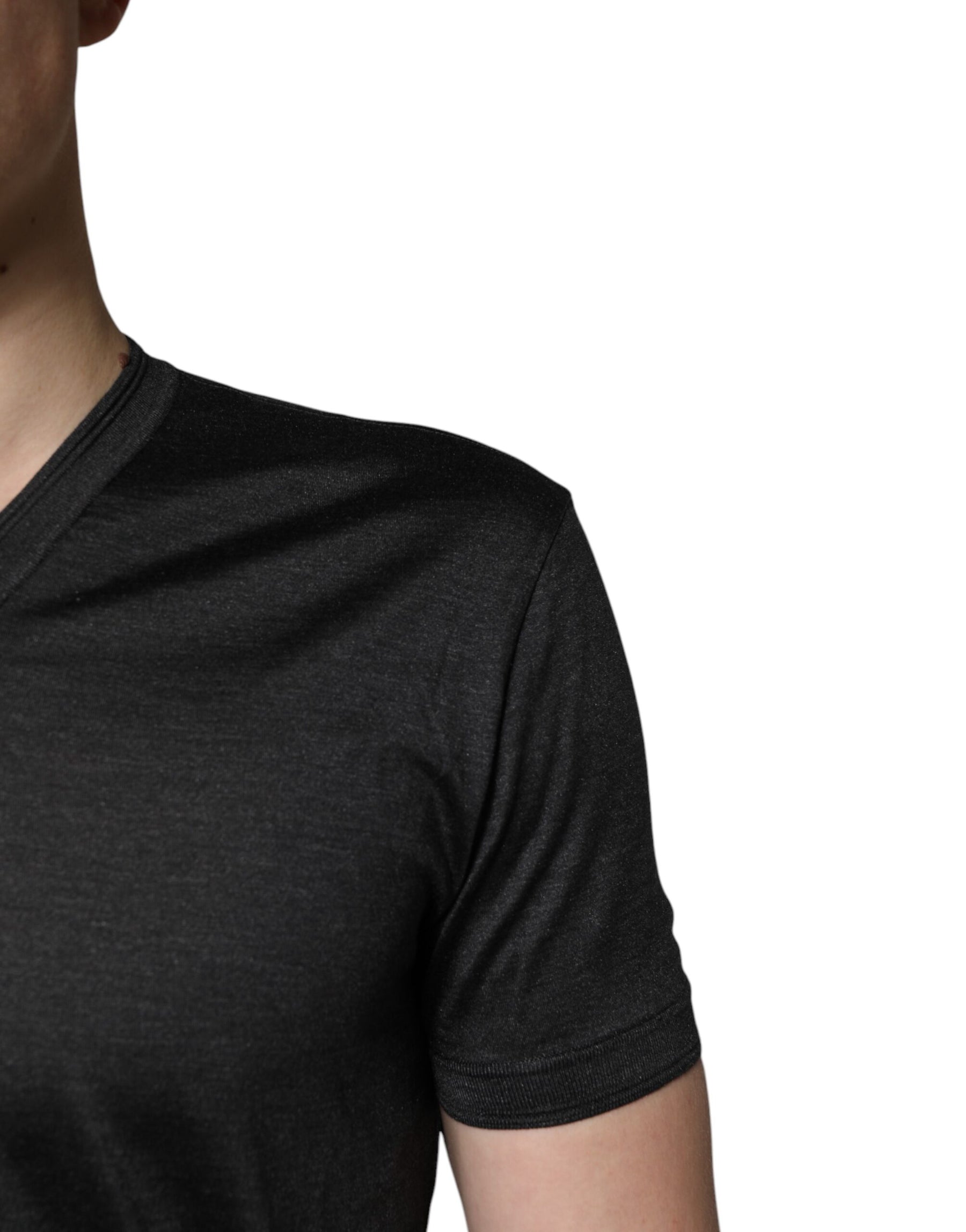 Dolce & Gabbana Dark Gray Silk V-neck Short Sleeves T-shirt | Regal Royce