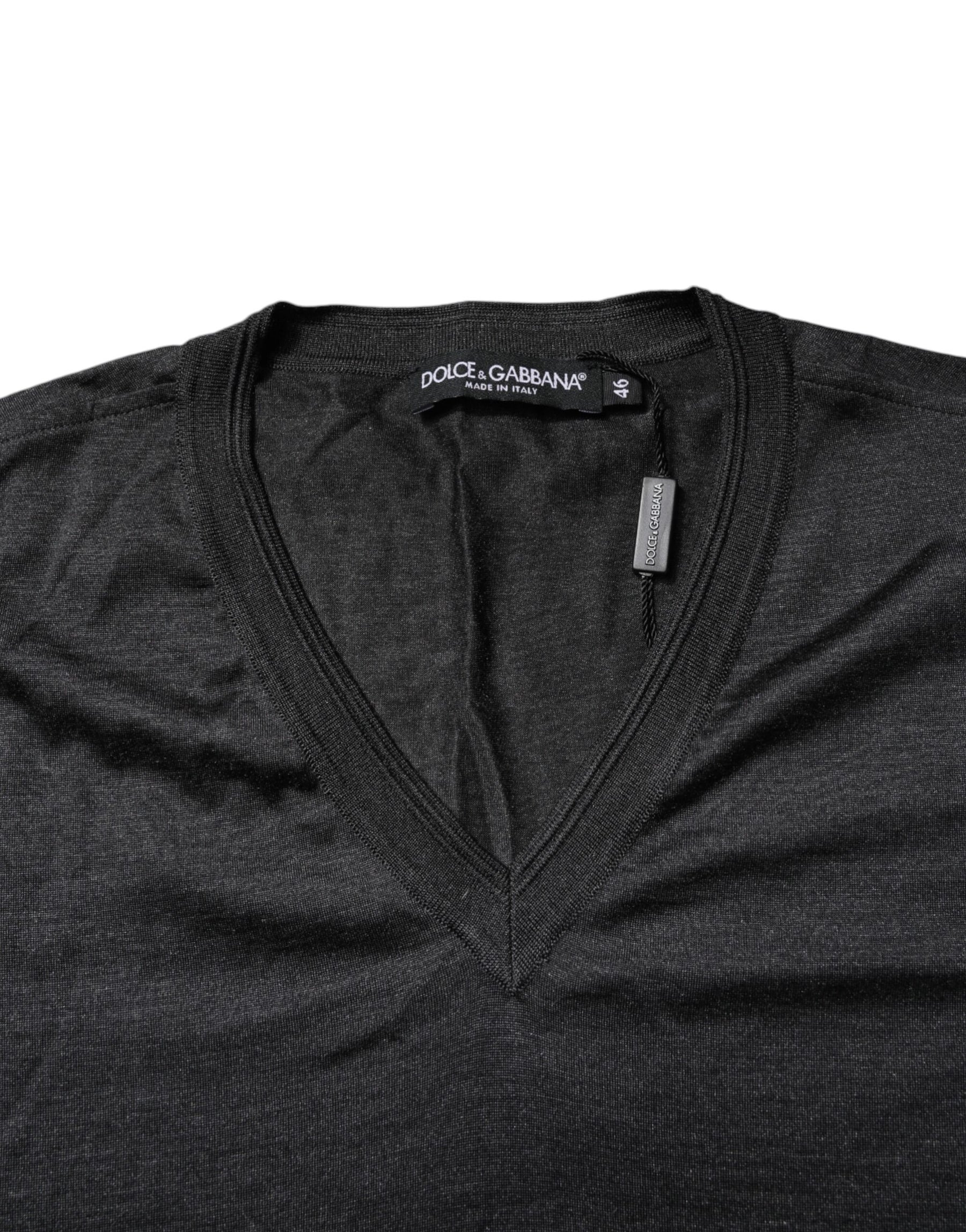 Dolce & Gabbana Dark Gray Silk V-neck Short Sleeves T-shirt | Regal Royce