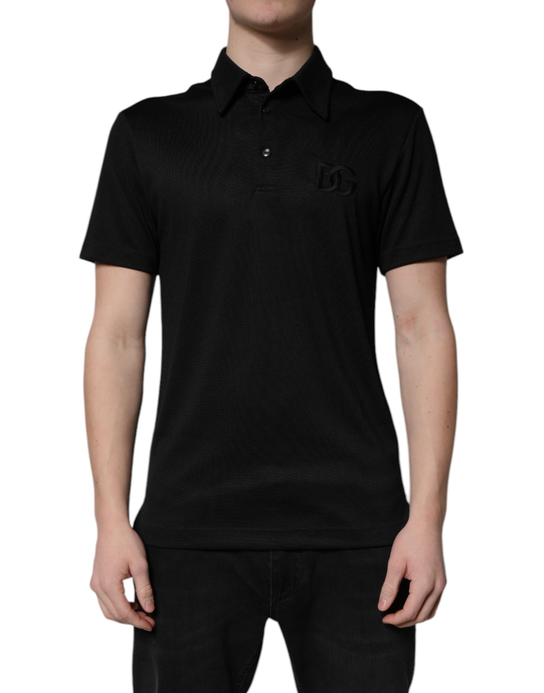 Dolce & Gabbana Black Polyester DG Logo Collared Polo T-shirt | Regal Royce