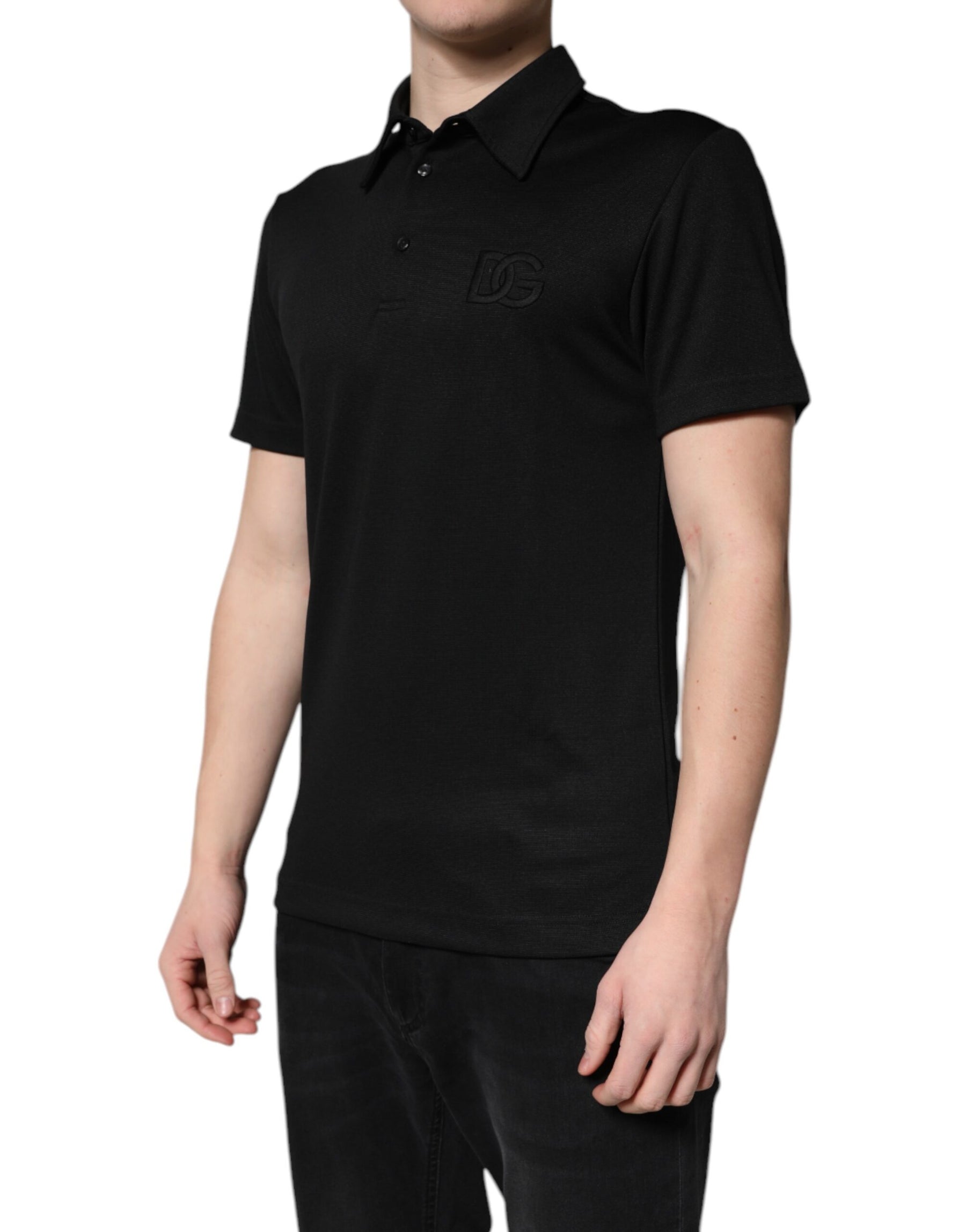 Dolce & Gabbana Black Polyester DG Logo Collared Polo T-shirt | Regal Royce