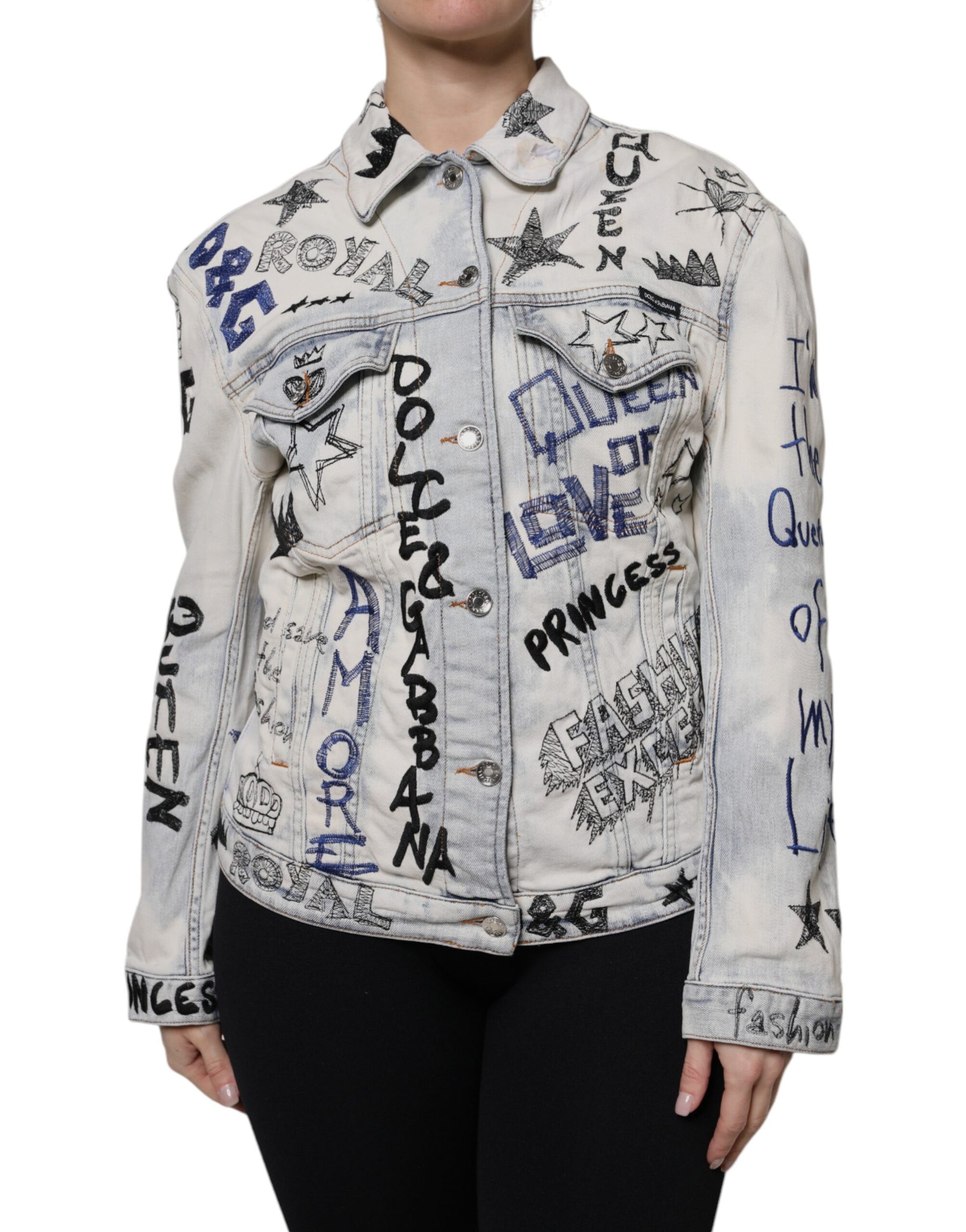 Dolce & Gabbana Light Blue Graffiti Button Down Denim Jacket | Regal Royce