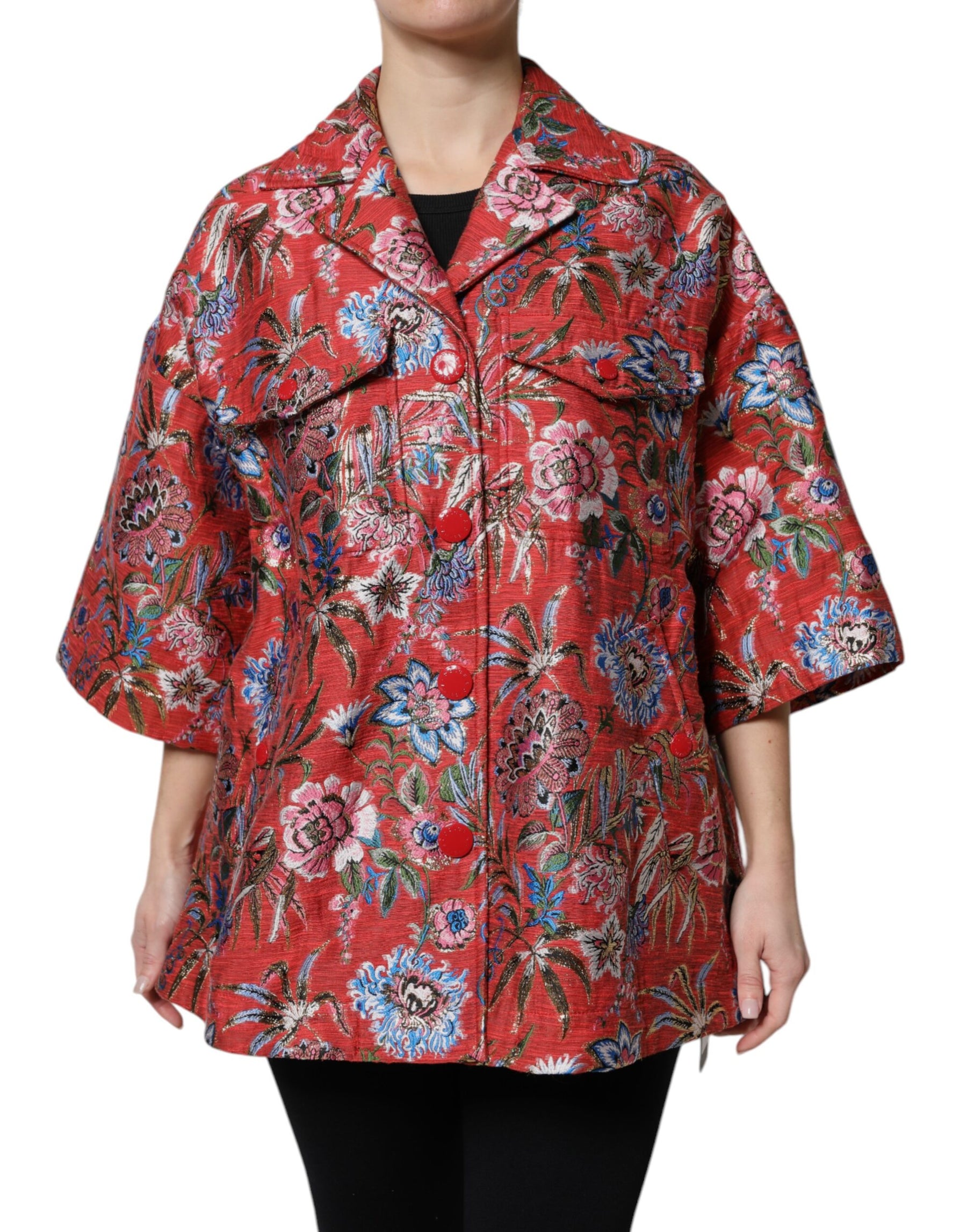 Dolce & Gabbana Red Floral Jacquard Button Down Coat Jacket | Regal Royce