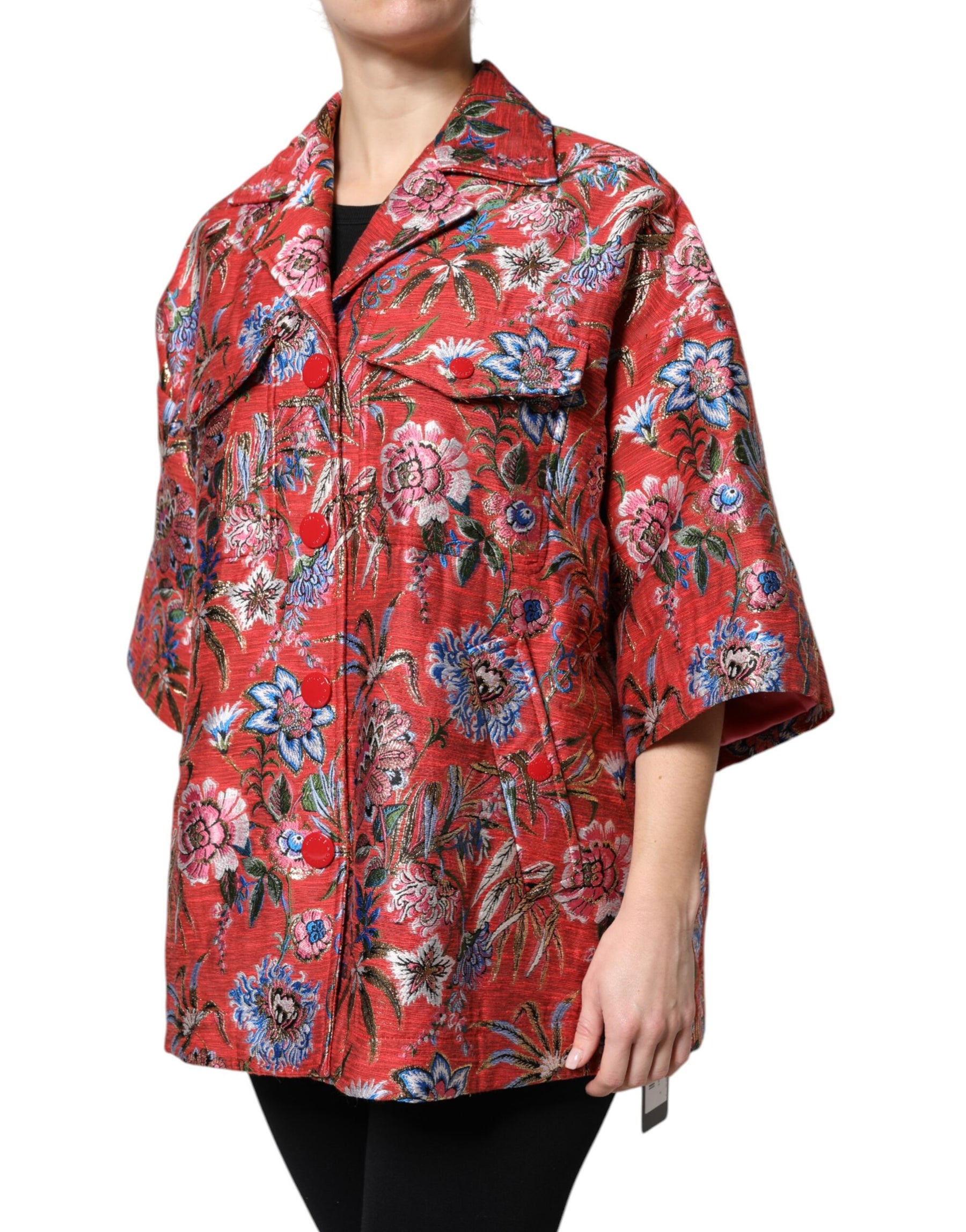 Dolce & Gabbana Red Floral Jacquard Button Down Coat Jacket | Regal Royce