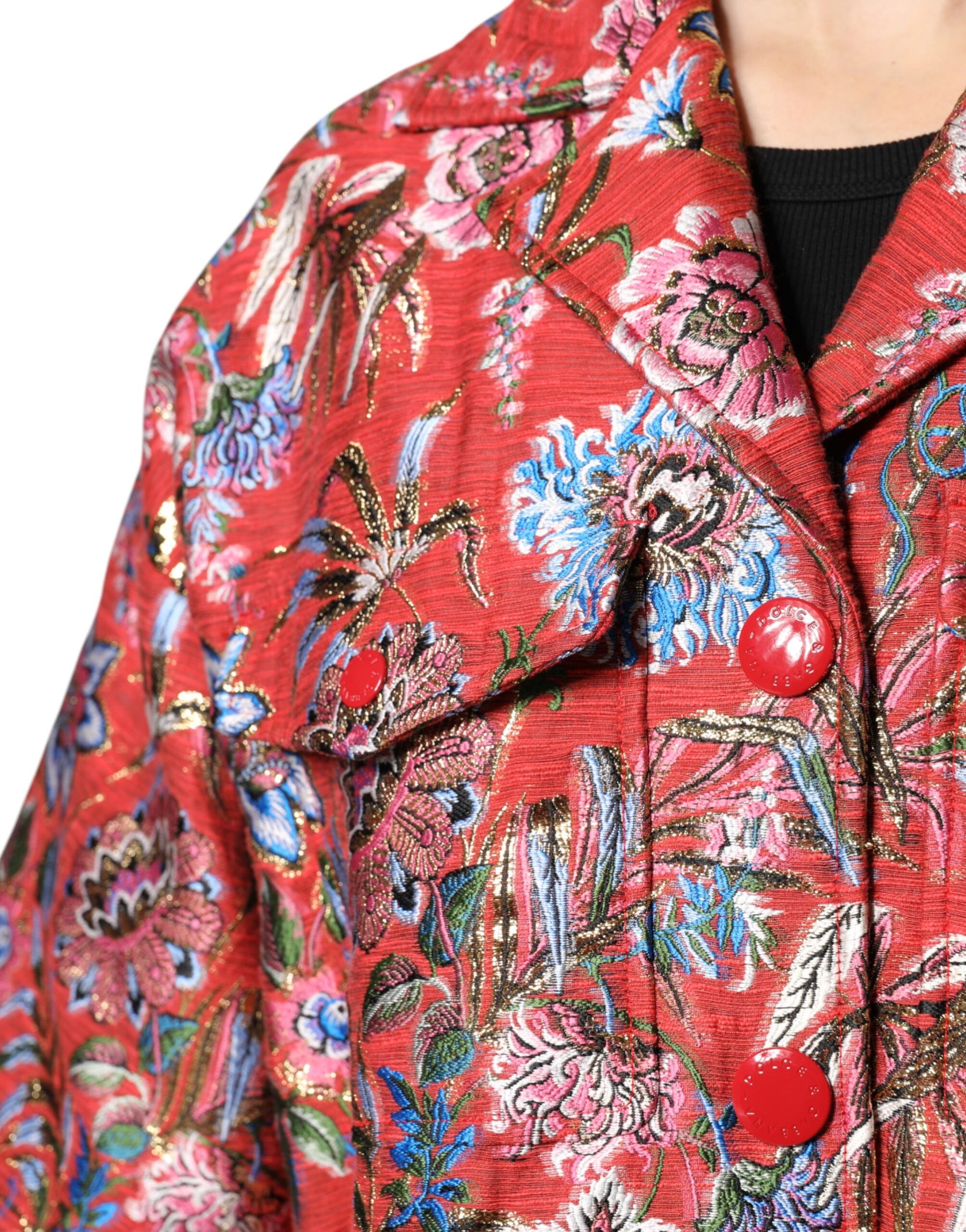 Dolce & Gabbana Red Floral Jacquard Button Down Coat Jacket | Regal Royce