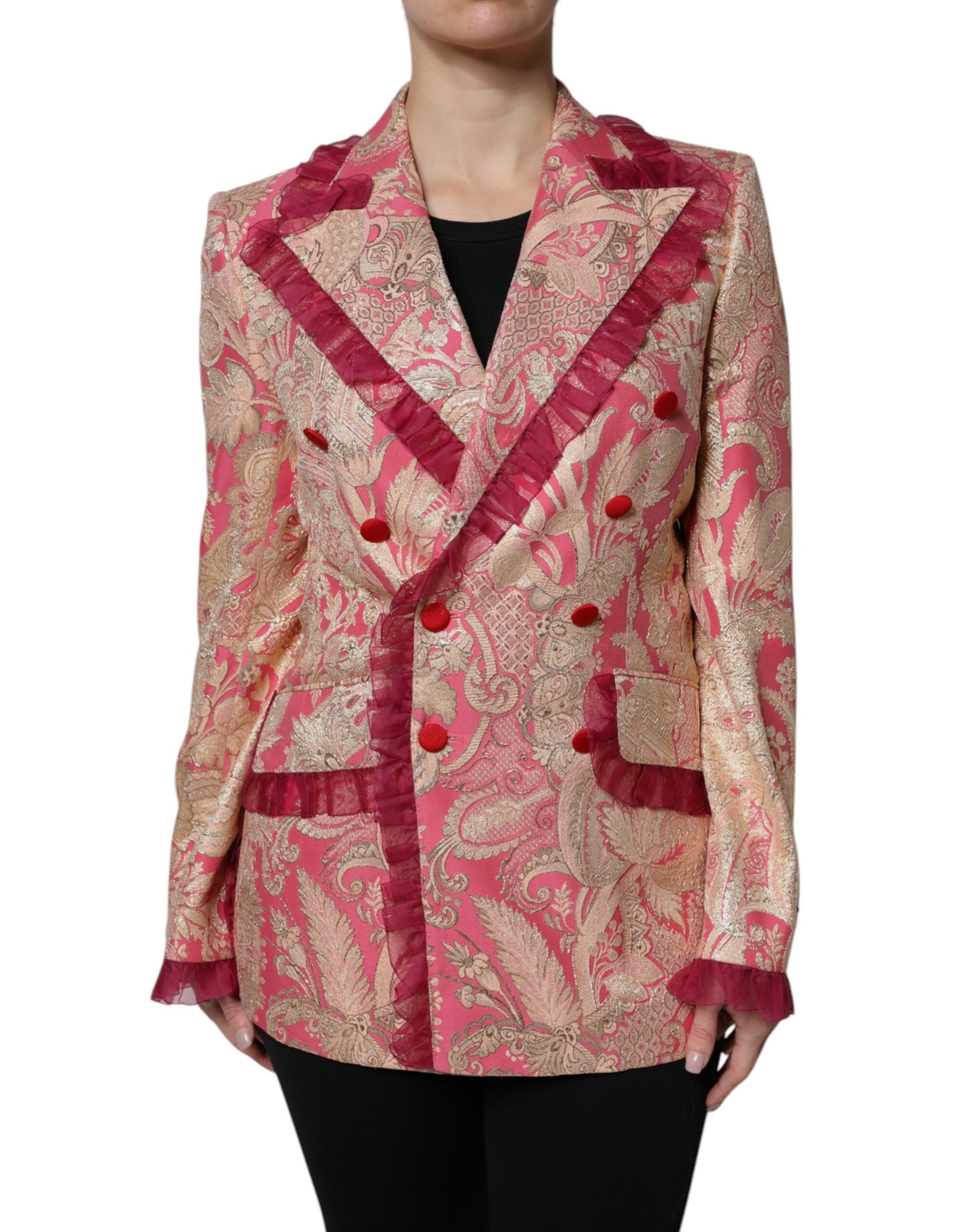 Dolce & Gabbana Pink Gold Jacquard Nylon Coat Blazer Jacket | Regal Royce