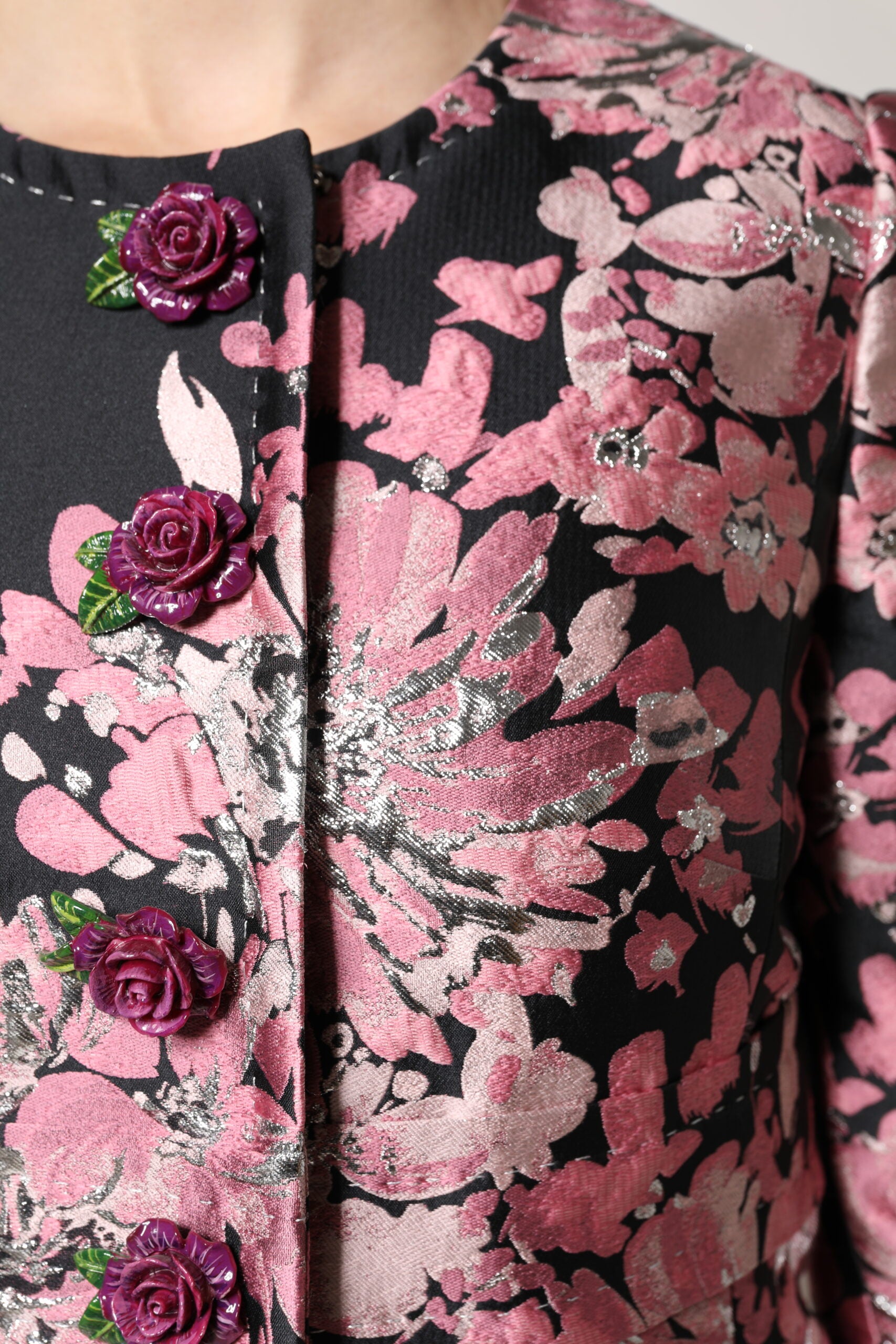 Dolce & Gabbana Pink Black Floral Brocade Trenchcoat Jacket | Regal Royce