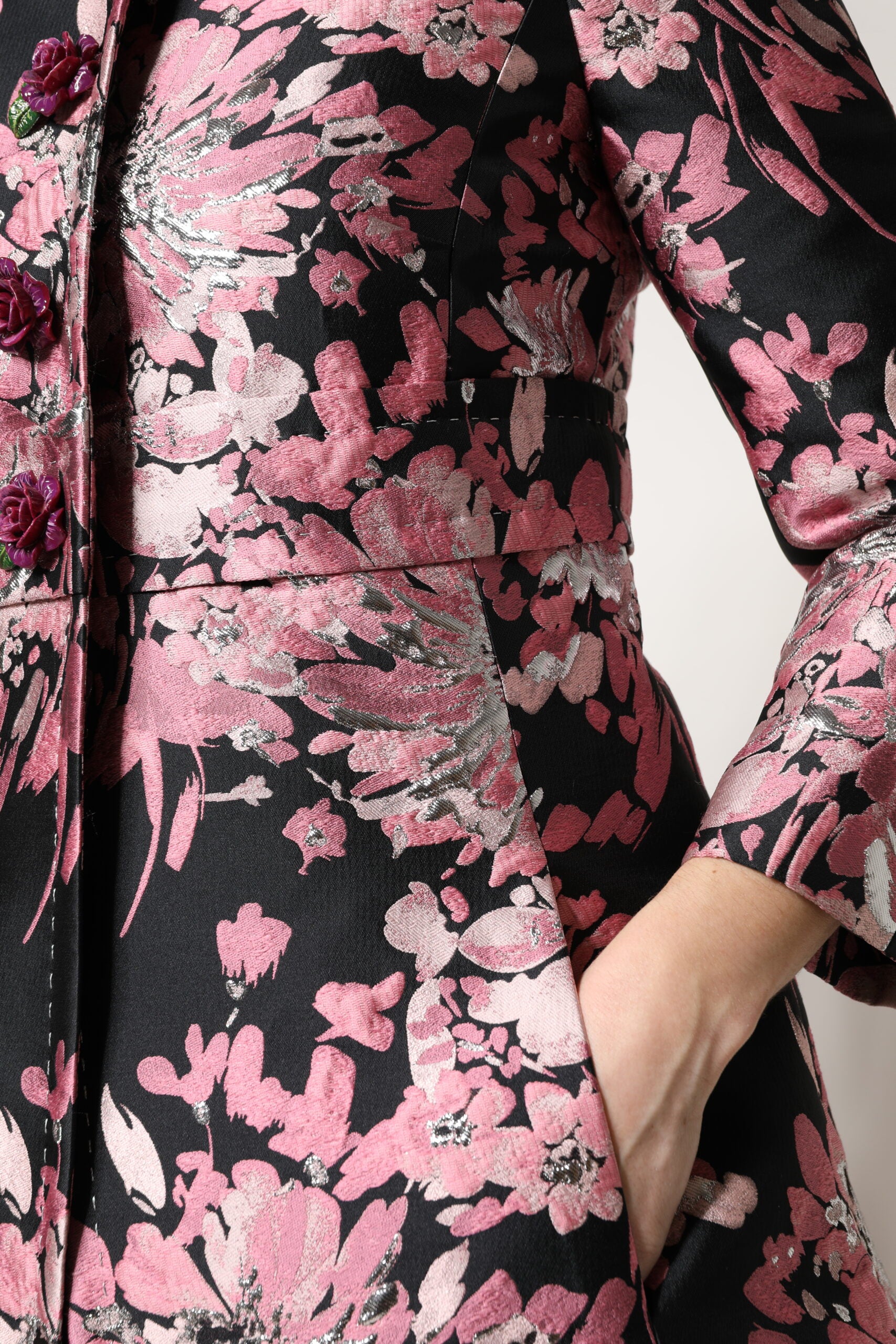 Dolce & Gabbana Pink Black Floral Brocade Trenchcoat Jacket | Regal Royce