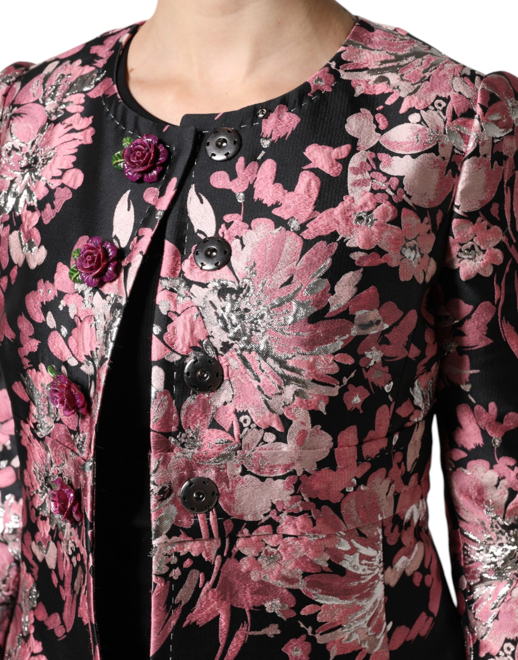 Dolce & Gabbana Pink Black Floral Brocade Trenchcoat Jacket | Regal Royce