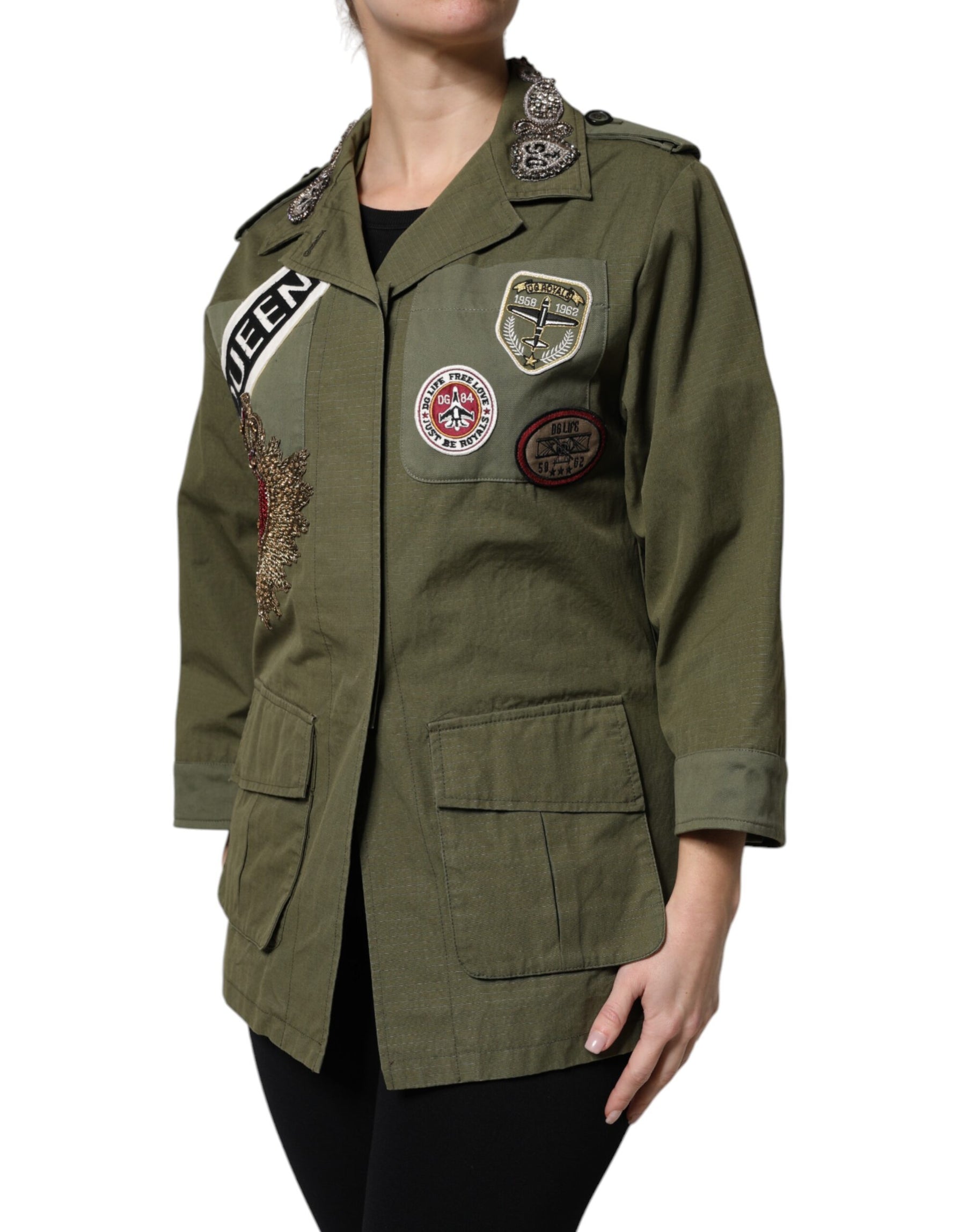Dolce & Gabbana Military Green Queen Embellished Coat Jacket | Regal Royce