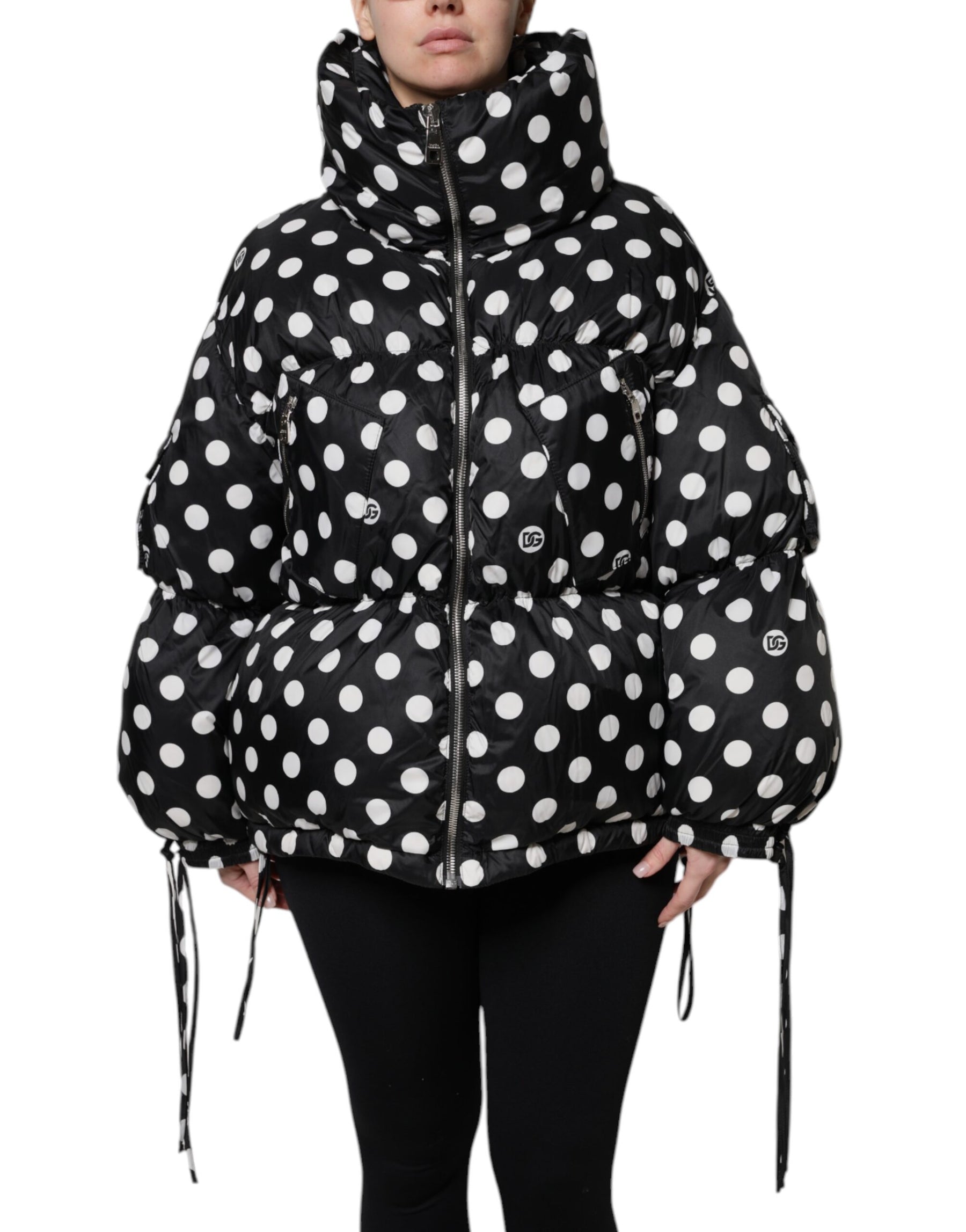 Dolce & Gabbana Black White Polka Dot Full Zip Puffer Jacket | Regal Royce