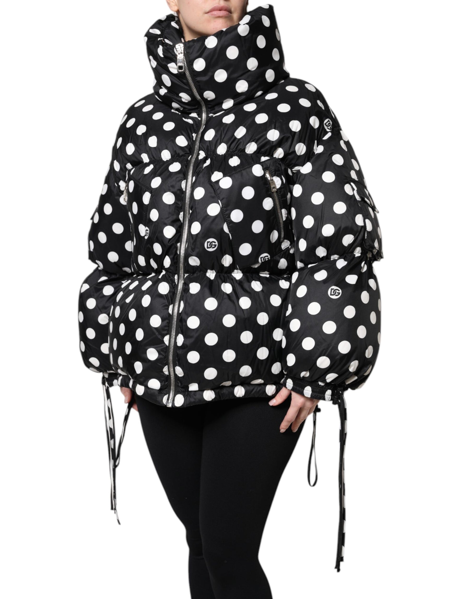 Dolce & Gabbana Black White Polka Dot Full Zip Puffer Jacket | Regal Royce