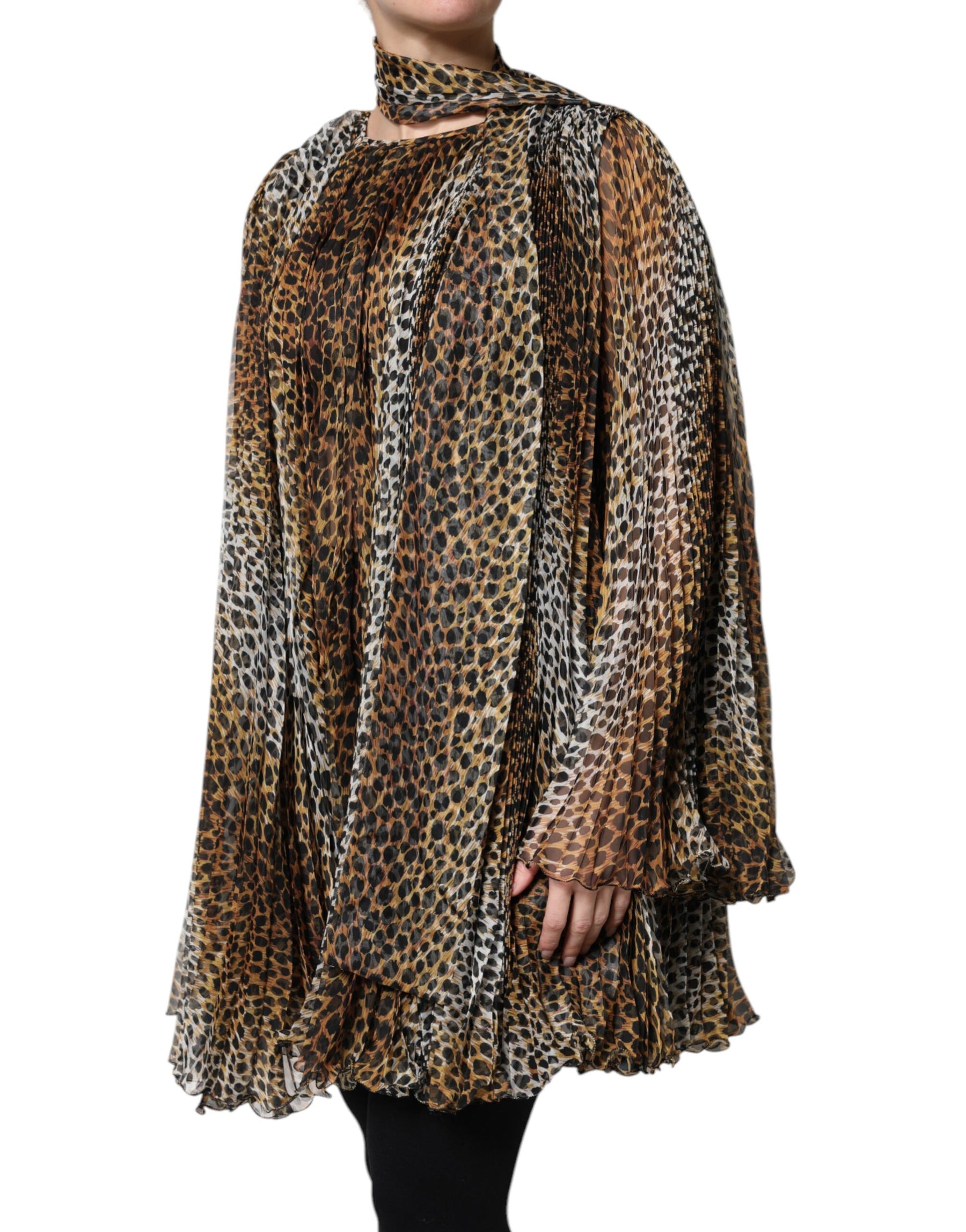 Dolce & Gabbana Brown Leopard Print Scarf Collared Chiffon Dress | Regal Royce
