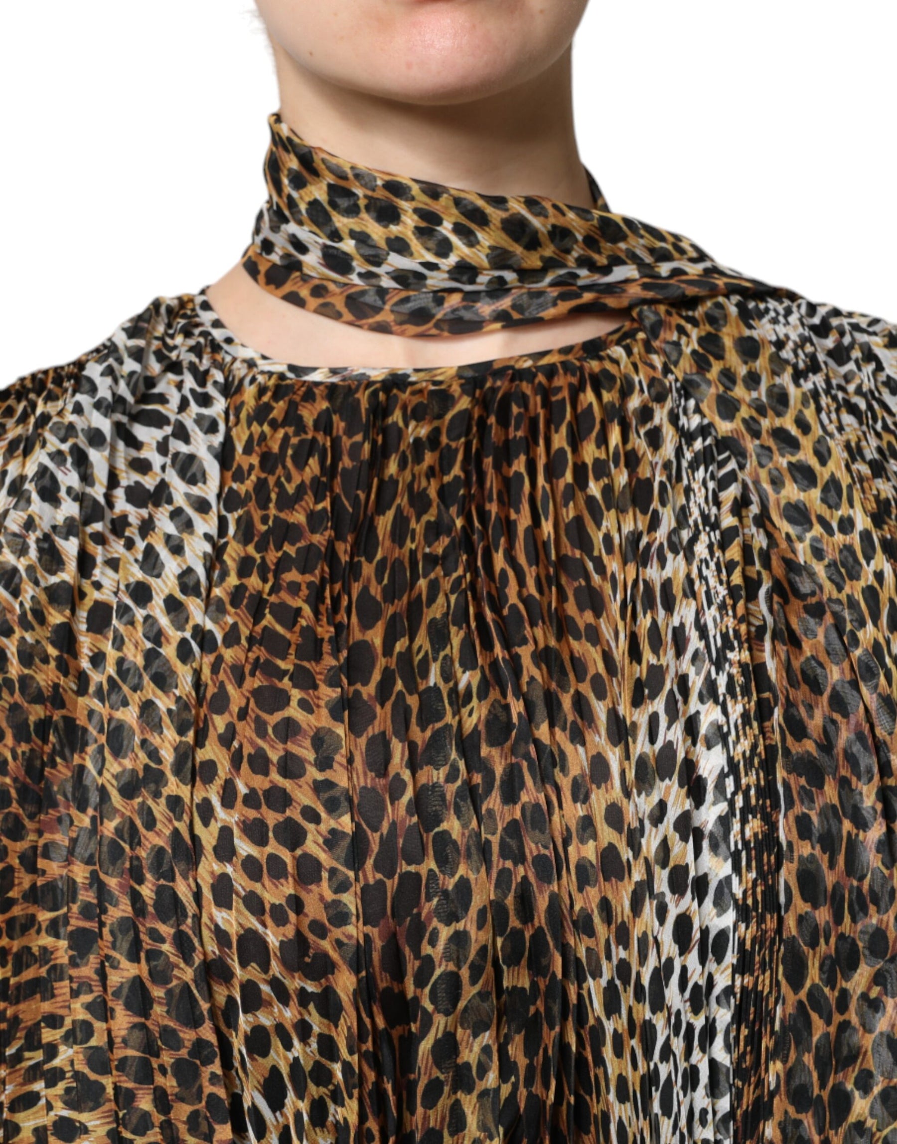 Dolce & Gabbana Brown Leopard Print Scarf Collared Chiffon Dress | Regal Royce