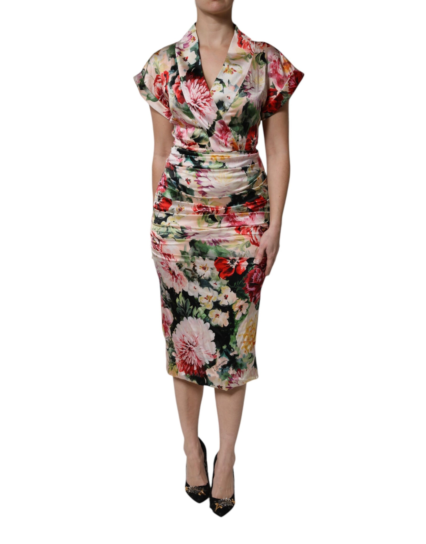 Dolce & Gabbana Multicolor Floral Short Sleeves Sheath Midi Dress | Regal Royce