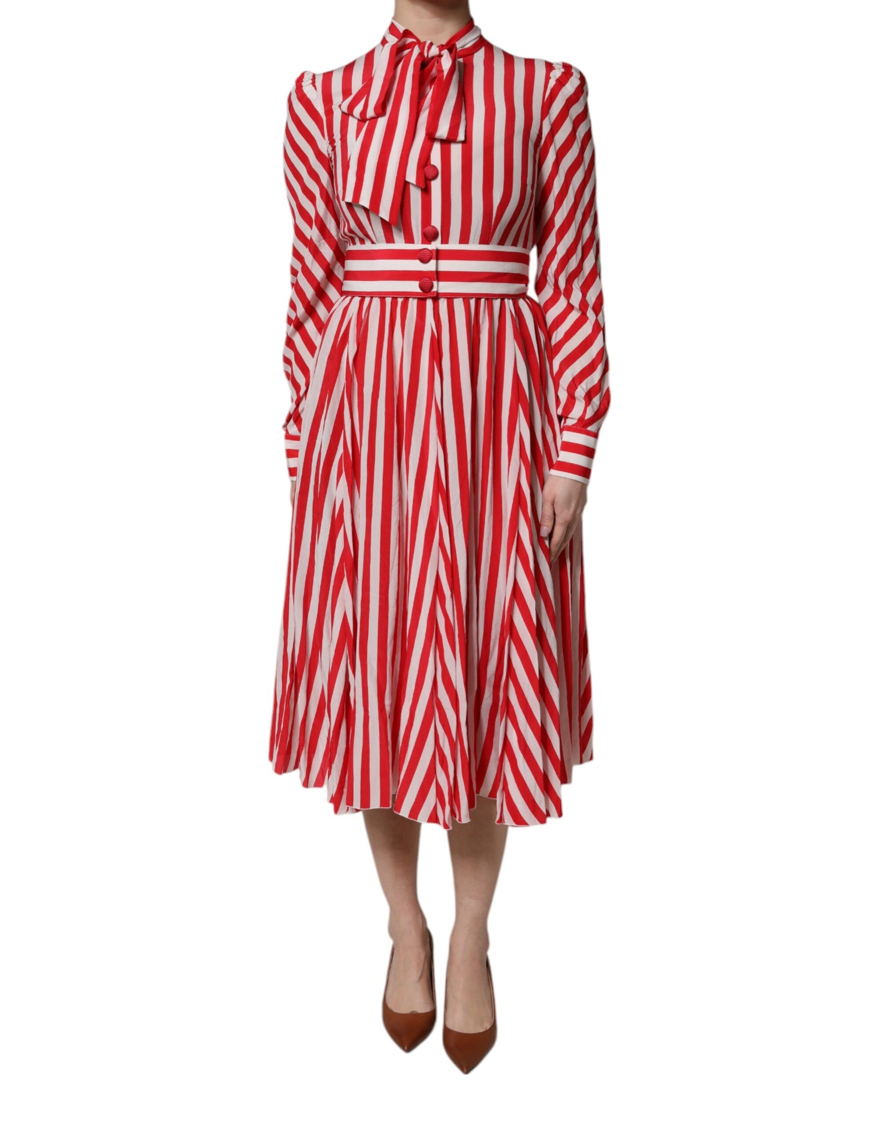 Dolce & Gabbana White Red Stripes Long Sleeves Midi Dress | Regal Royce